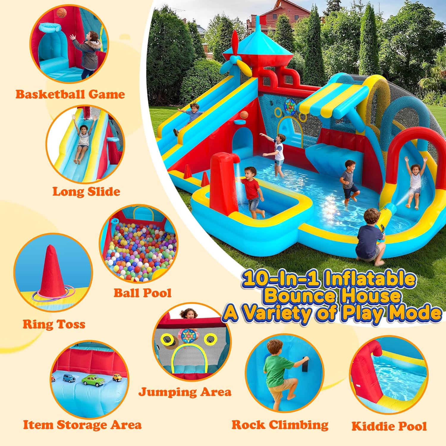 Inflatable Bounce House with Double Slide, Water Slide with Jumping Area, 10 in 1 Large Bounce Castle, Splash Pool, Climbing Wall, Toy Stand, Water Cannon, Basketball, Tunnel, Outdoor, Indoor, Blue