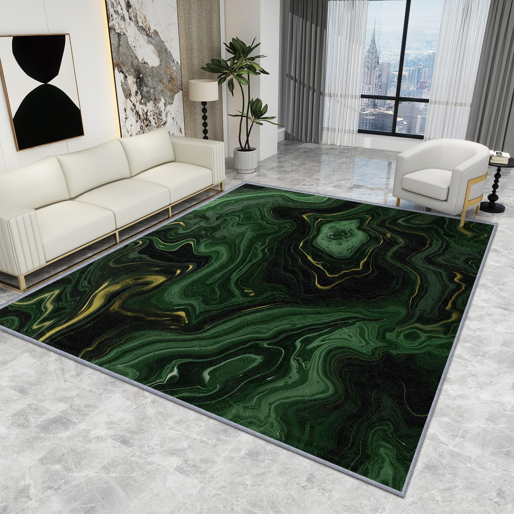 Agate Marble Rug - Emerald Green & Gold, Modern Abstract Luxury Carpet, Washable Non Slip Low Pile, 140 x 200 cm
