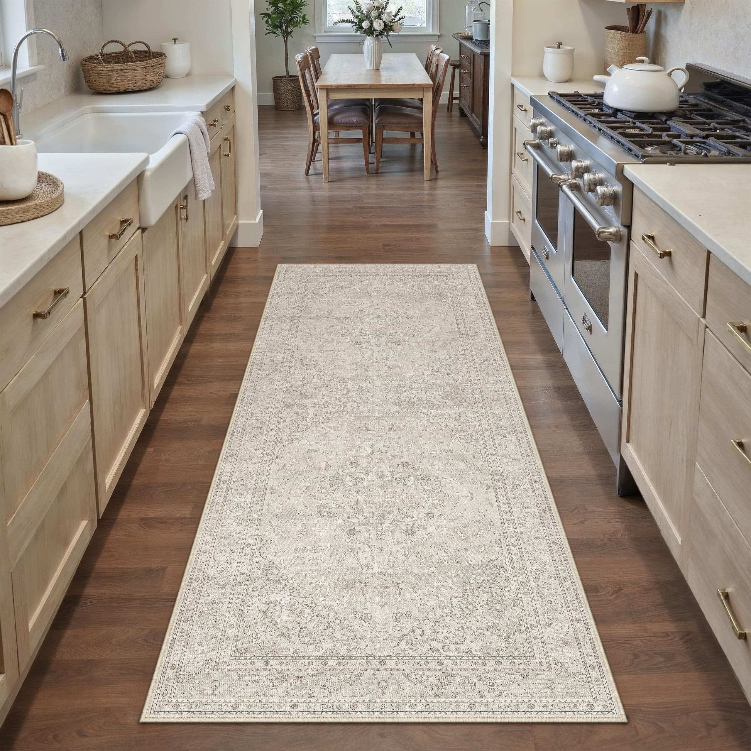 PureCozy Beige 2x6 Runner Rug Washable Vintage Carpet Hallway Kitchen
