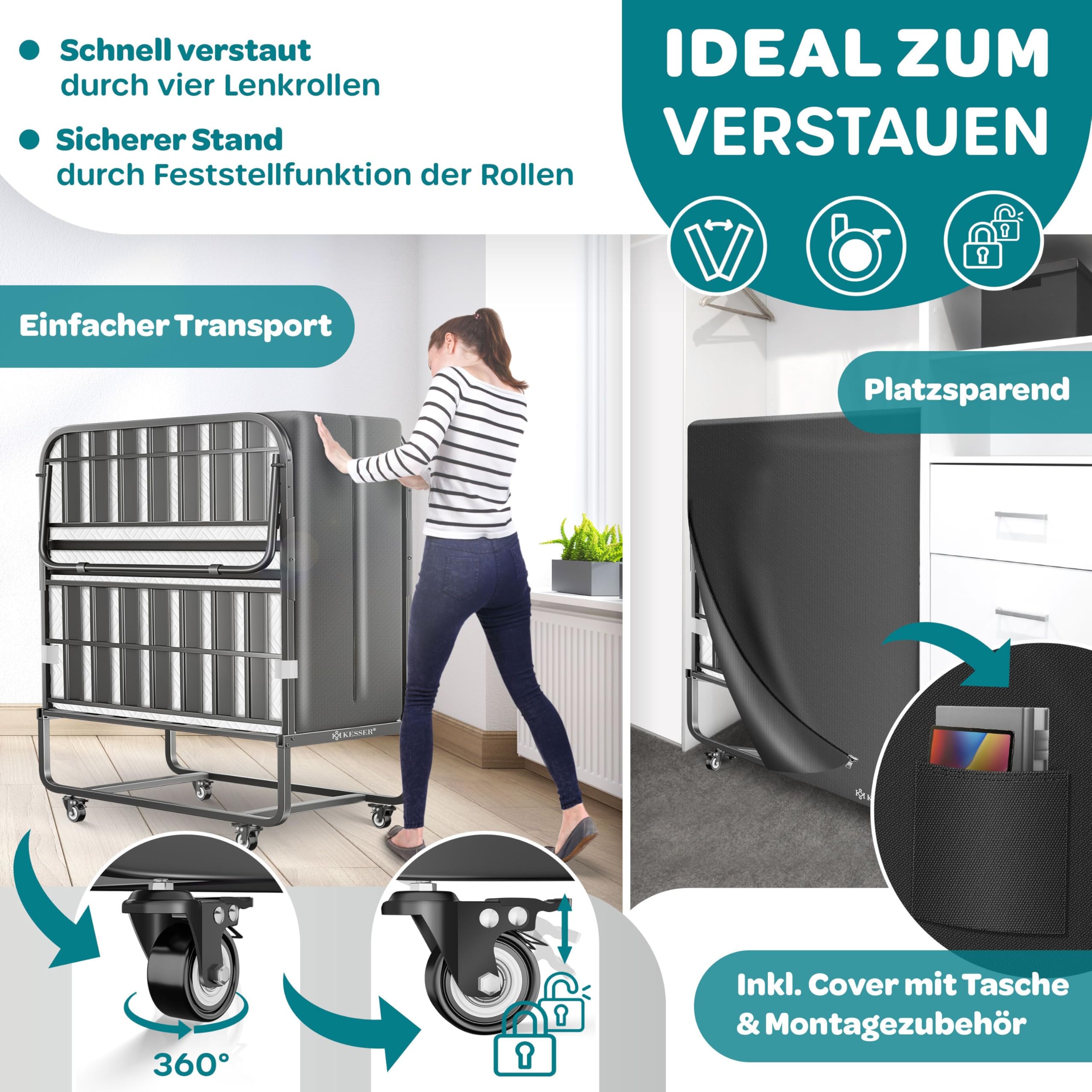 KESSER® Klappbett 200x90cm Gästebett inkl. Matratze aus Memory-Schaum & Rollen | faltbares Reisebett mit Metallrahmen für Erwachsene belastbar bis 250kg | Metallbett mit Schaumstoffmatratze & Cover