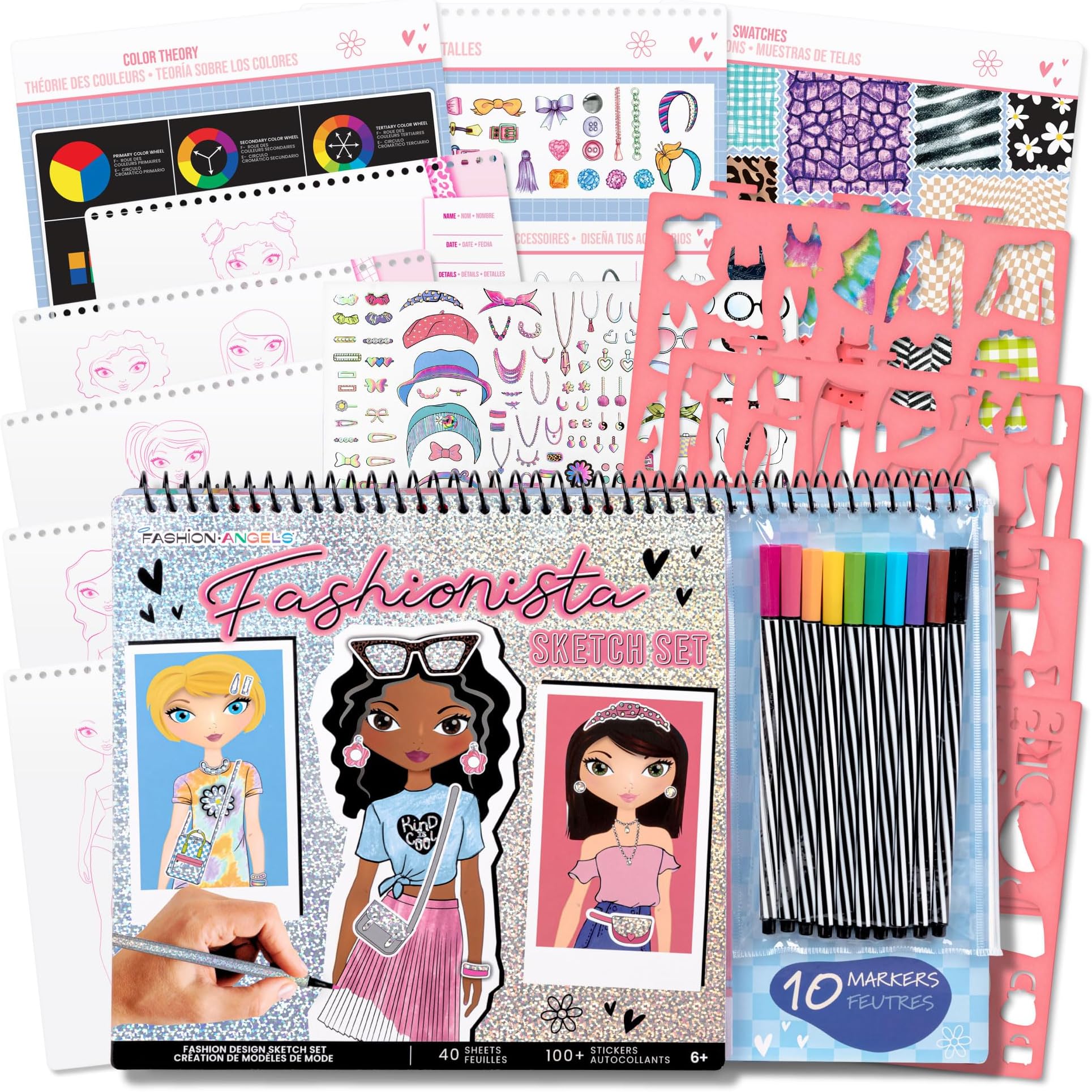Fashion Angels Fashionista Sketch Set - 40 Sheets and 10 Markers - Design Your Own Fashion Sketch Portfolio - Design and Fashion Sketch Pad with Stencils and 100+ Stickers - Ages 6 and Up