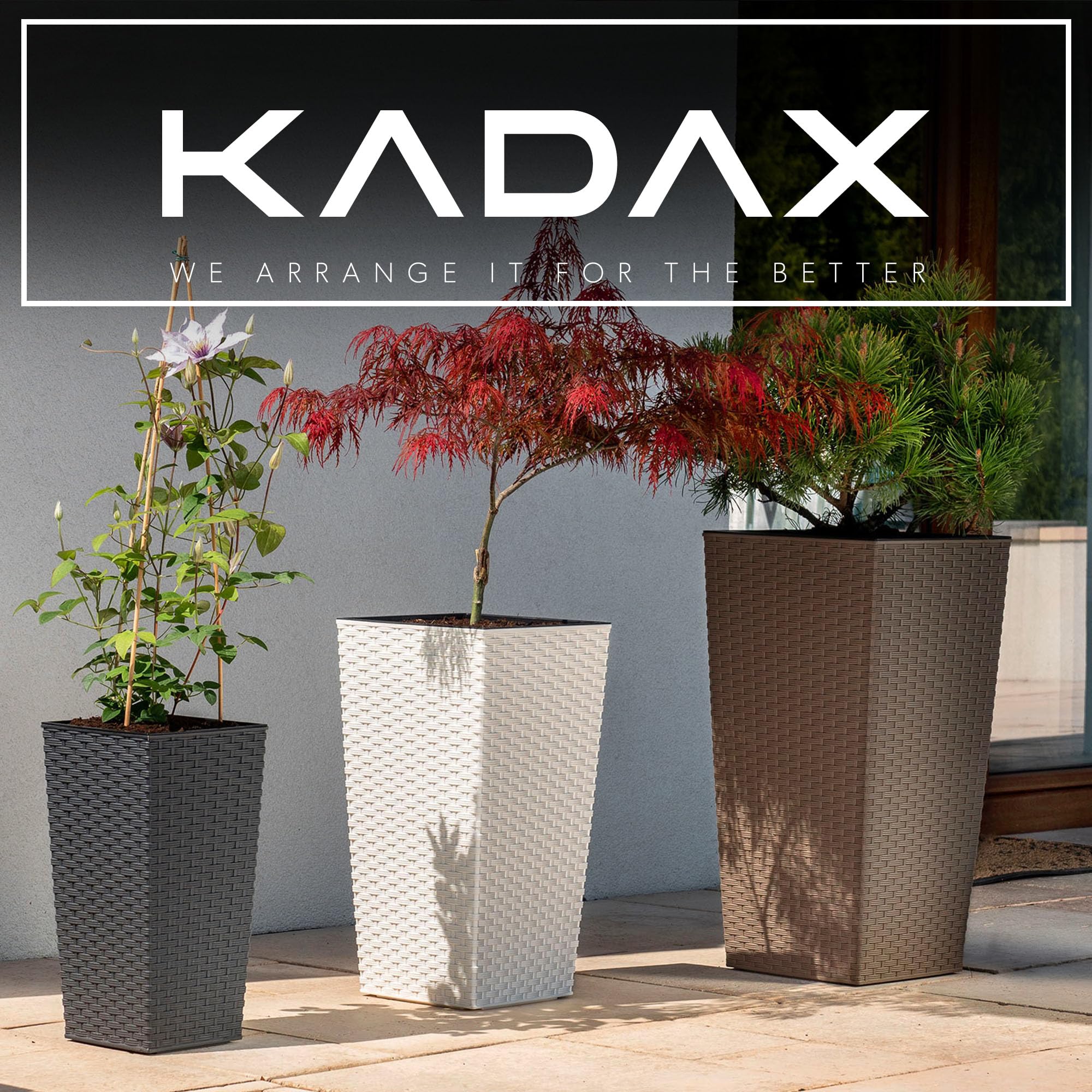 KADAX Lot de 3 Set de 3 Pots de Fleurs Hauts – H 57/68/75 cm – Rotin Graphite – intérieur/extérieur – pour Balcon, Jardin ou Salon