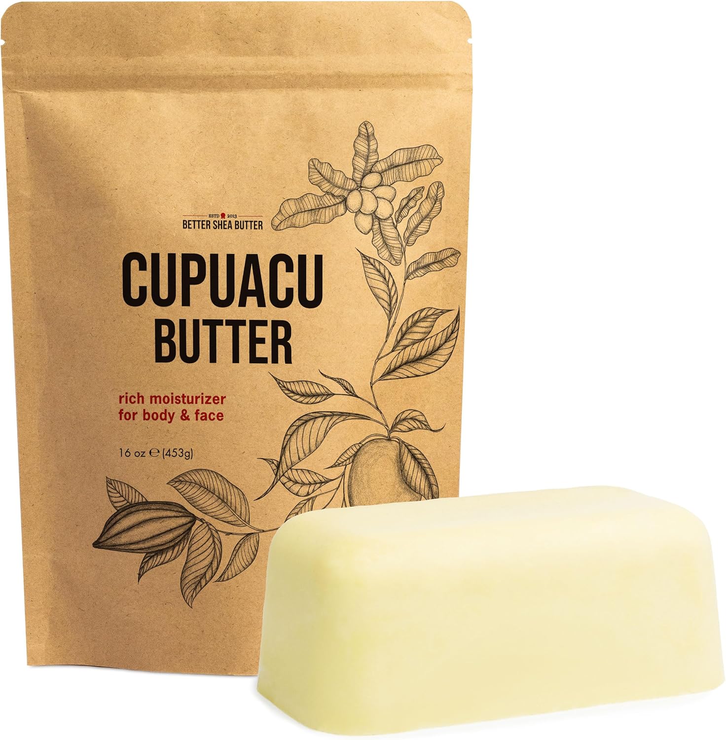 Cupuaçu Butter Raw Unrefined - 100% Pure Brazilian Butter, 1 lb Block | Moisturizer and natural emollient for dry skin and hair. Cosmetic grade body butter base for DIY lotion, balms, soap making.