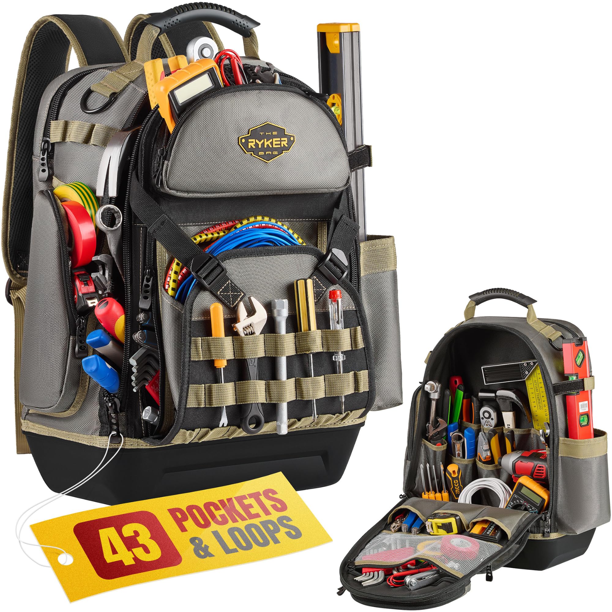 The Ryker Bag 48-Pocket Tool Backpack Heavy-Duty Water-Resistant Tool Organizer w Padded Straps Reinforced Base Bagpack Gifts for