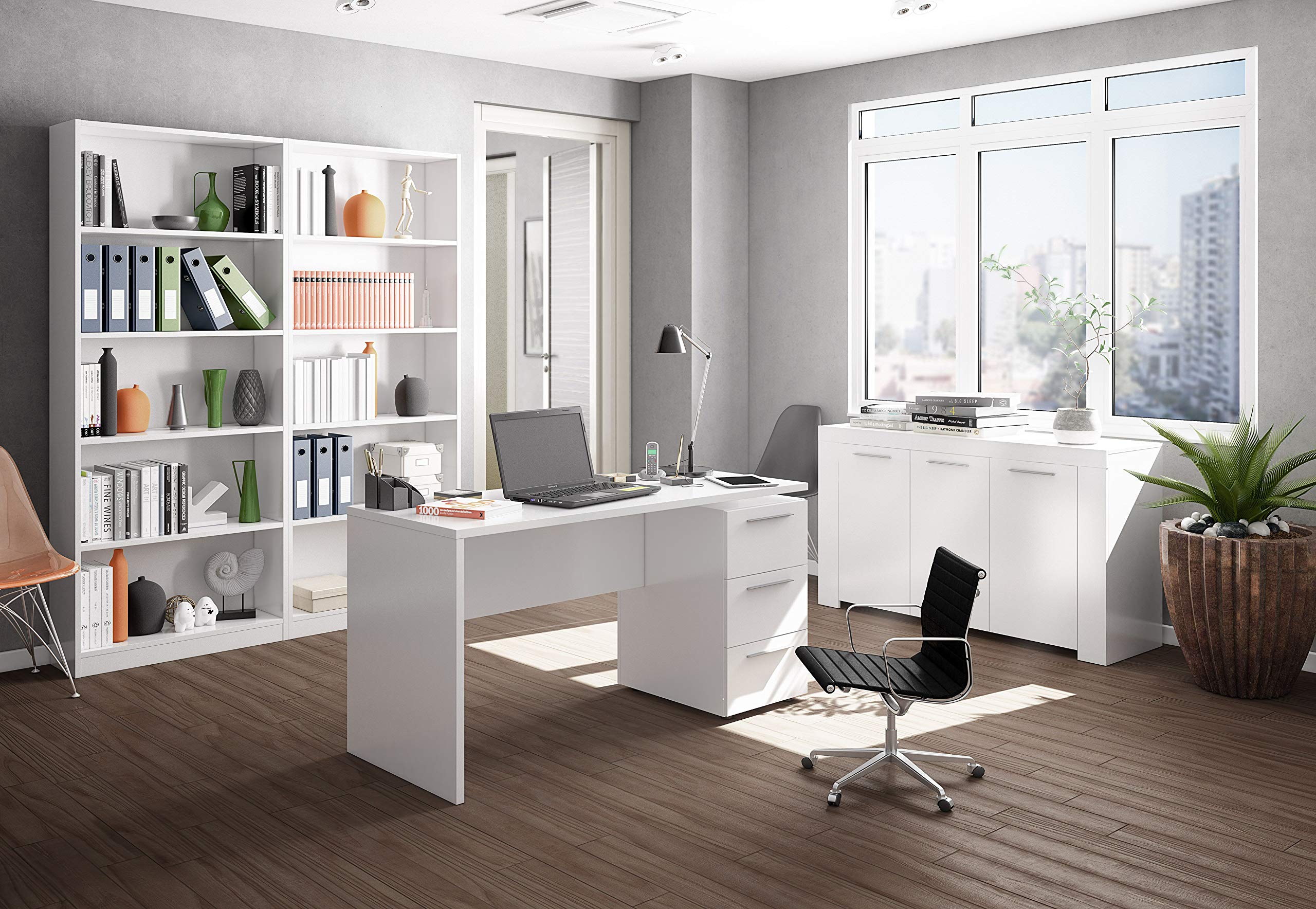 Bricozone Scrivania Bianca Con Cassettiera Reversibile A 3 Cassetti In Melaminico Design Moderno Per Ufficio Studio E Cameretta 138x74x60 Cm