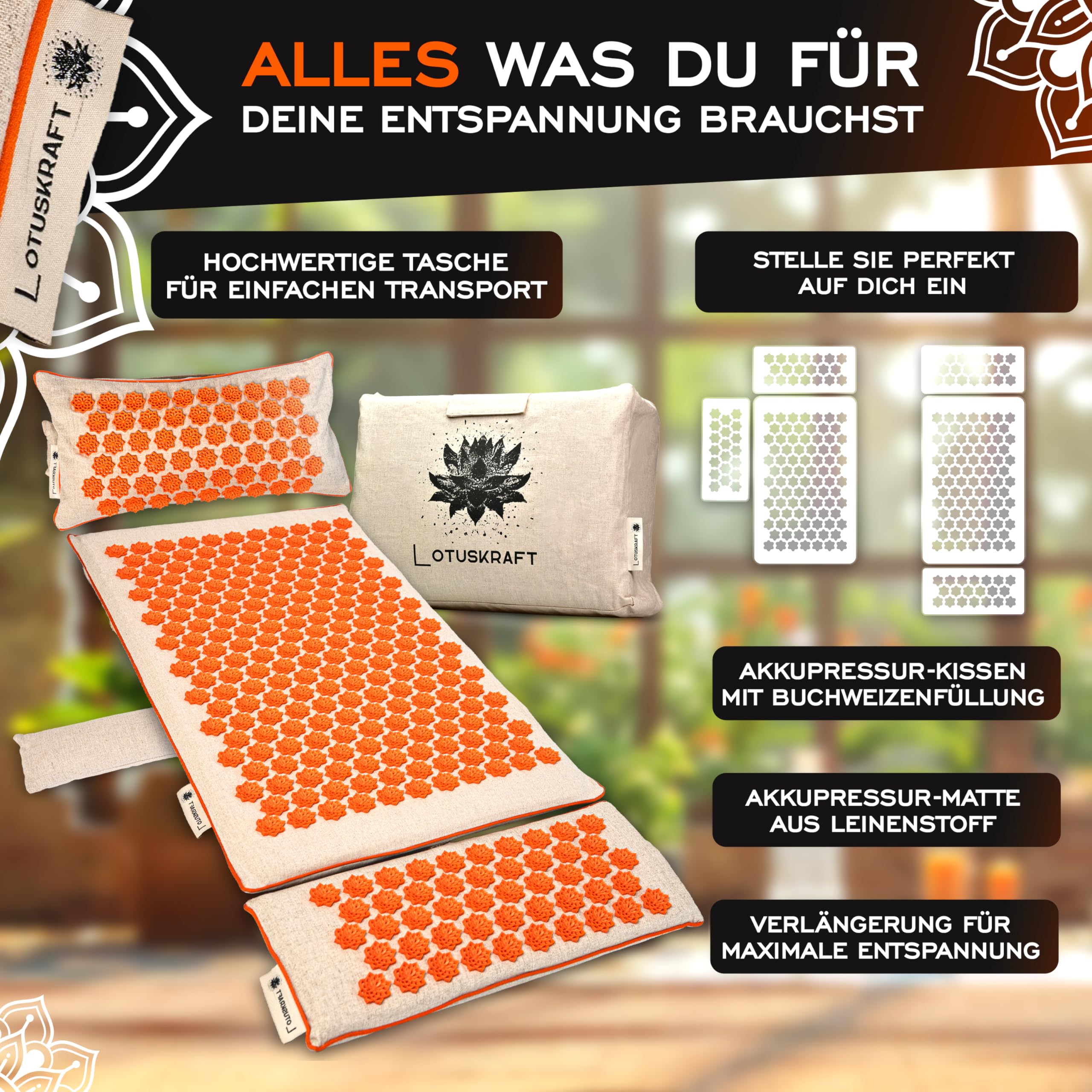 5 in 1 Akupressurmatte Set mit Kissen Ganzkörper | Akupunkturmatte für Entspannung im Rücken Nacken & Füße | Nagelmatte Stachelmatte Fakirmatte Acupressure Mat Entspannungsmatte XXL