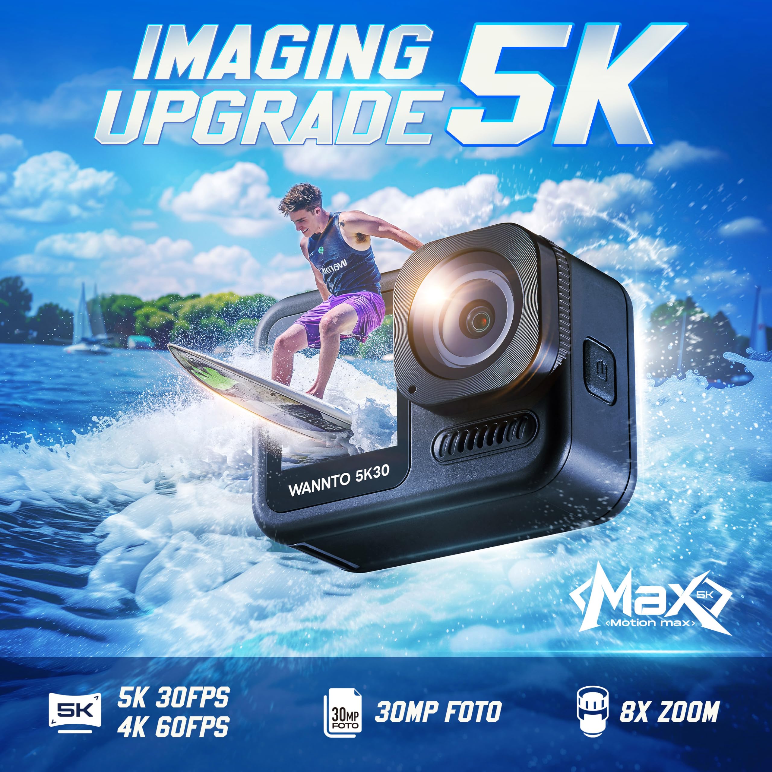 Cámara Deportiva Motion MAX 5K 30MP, IPX8 20M Impermeable, WiFi, EIS, Pantalla Dual, Micrófono Inalámbrico 2en1, Control Remoto, 2 Baterías 1350mAh (Motion MAX)
