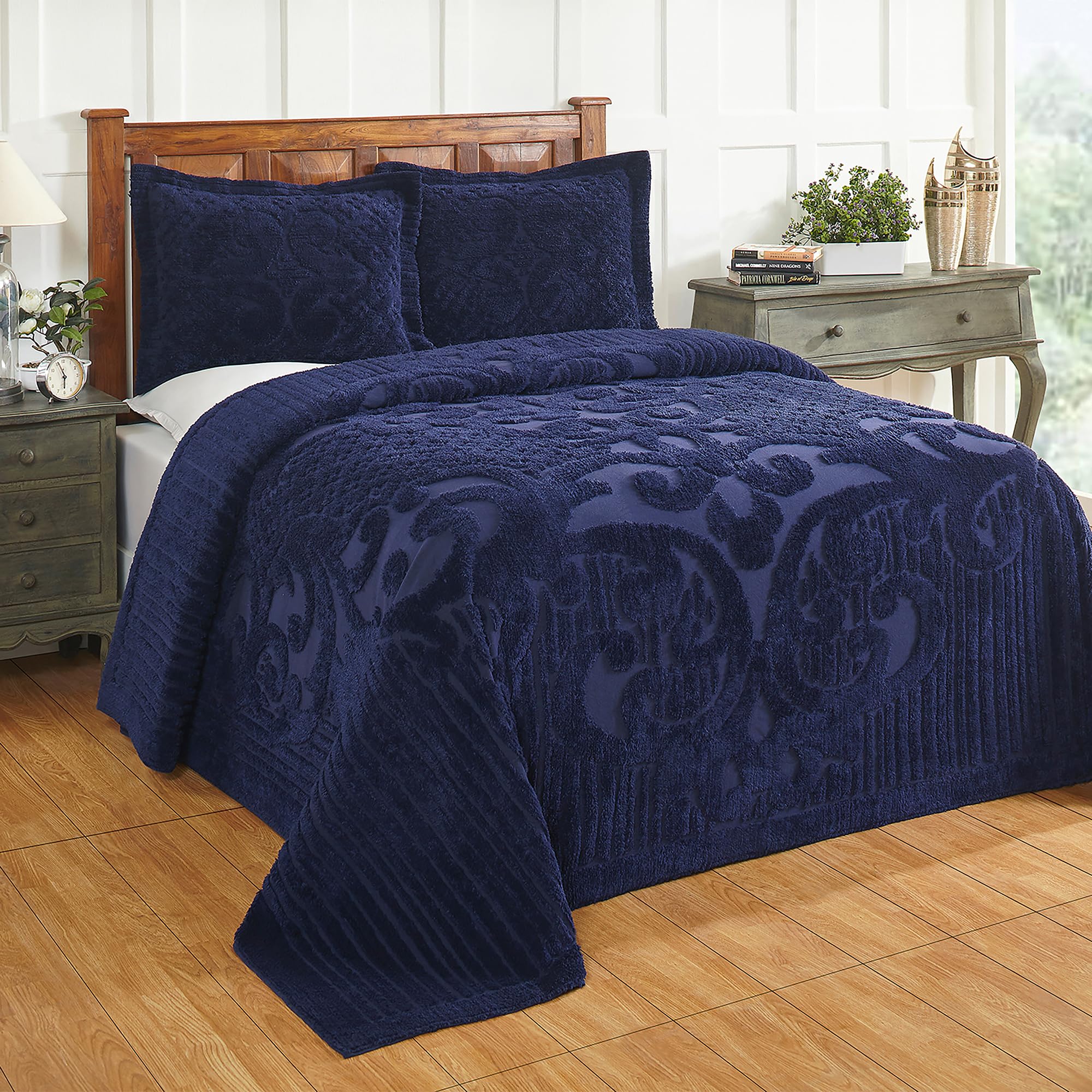 Better Trends 1 Piece Bedspread 100% Cotton Chenille Bedspread Coverlet Luxurious Medallion Pattern Bedspread Twin 81" X 110" Size Soft Lightweight Navy Tufted All Season Bedding Ashton Collection