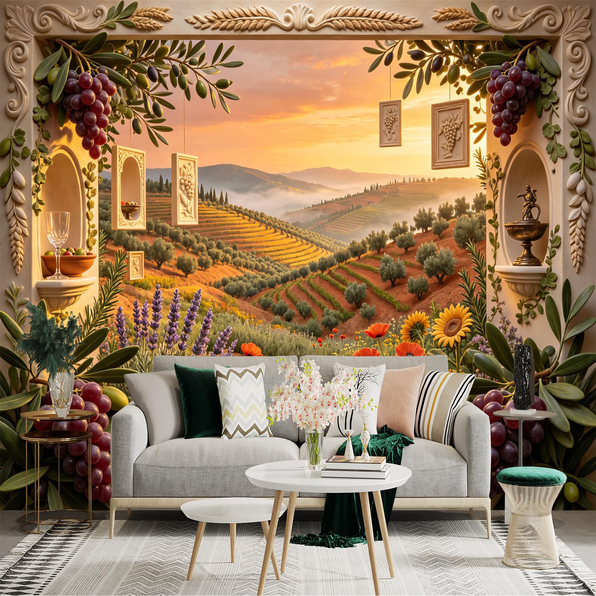 Lnzczhyre Bh260719745 Custom Size Wall Sticker Mural， Mediterranean Sunset Landscape， Vineyard Fields With Olive Trees， Lavender And Poppy Flowers， For Wall Decoration， Peelandstick Wall Decals.