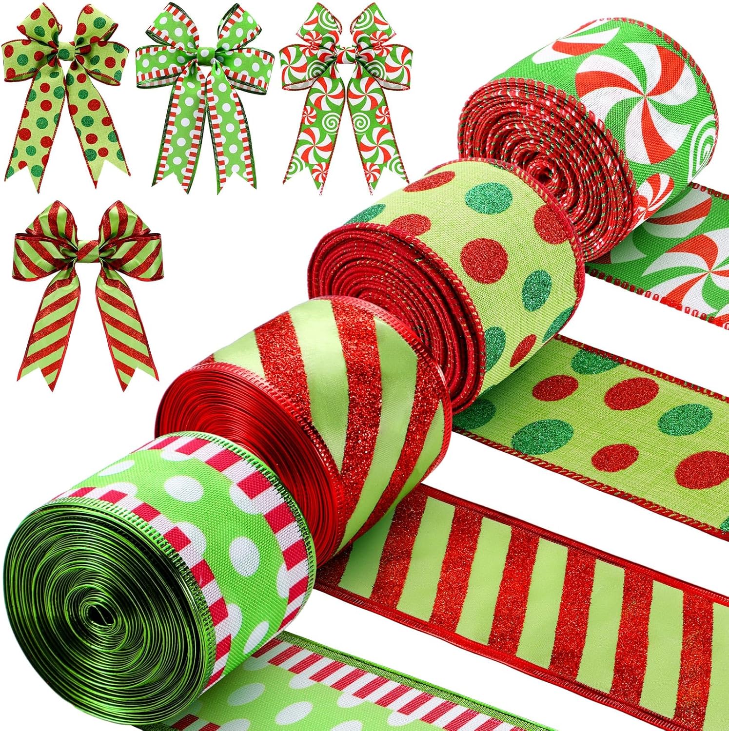 Riceshoot 4 Roll 40 Yards Christmas Wired Ribbon 1.97 Inch Red and Green Christmas Wrapping Ribbon Wide Wired Edge Polka Dot Glitter Stripe Decor for Xmas Holiday Wreath Bow Xmas Tree DIY Craft Red and Green 4