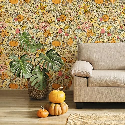 Miniatura 2 de Papel tapiz para despegar y pegar, estilo bohemio, marrón, Día de Acción de Gracias, retro, decoración de pared para baño, mural extraíble de 17.7