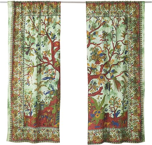 Miniatura 2 de Popular Handicrafts Paneles de cortina de mandala de teñido anudado con diseño de árbol de la vida, estilo hippie indio, color verde