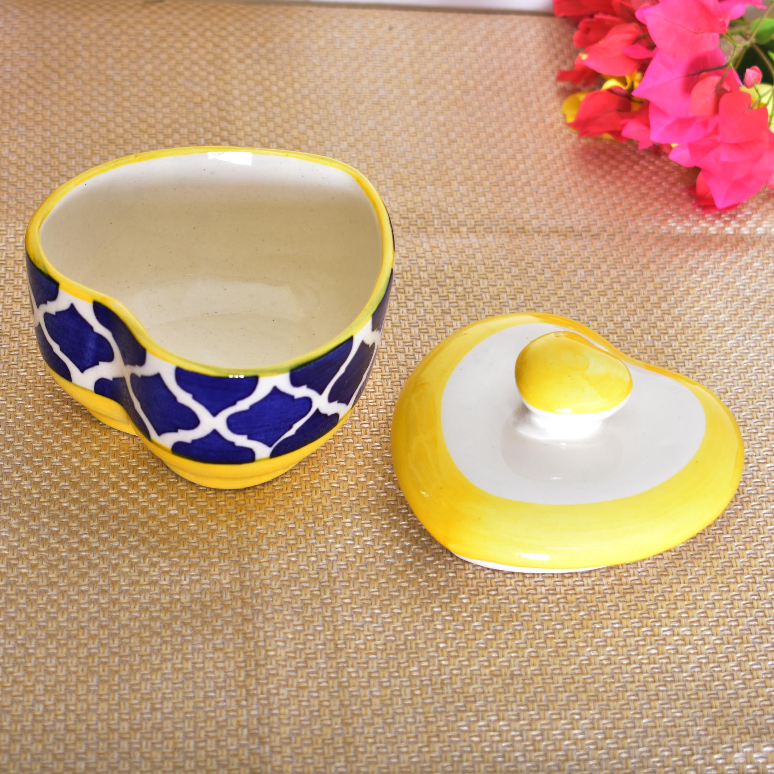 KunhaR Ceramic Donga with lid, Ceramic dry fruit serving jar - 350 ML, 1 Piece, Yellow Blue Star