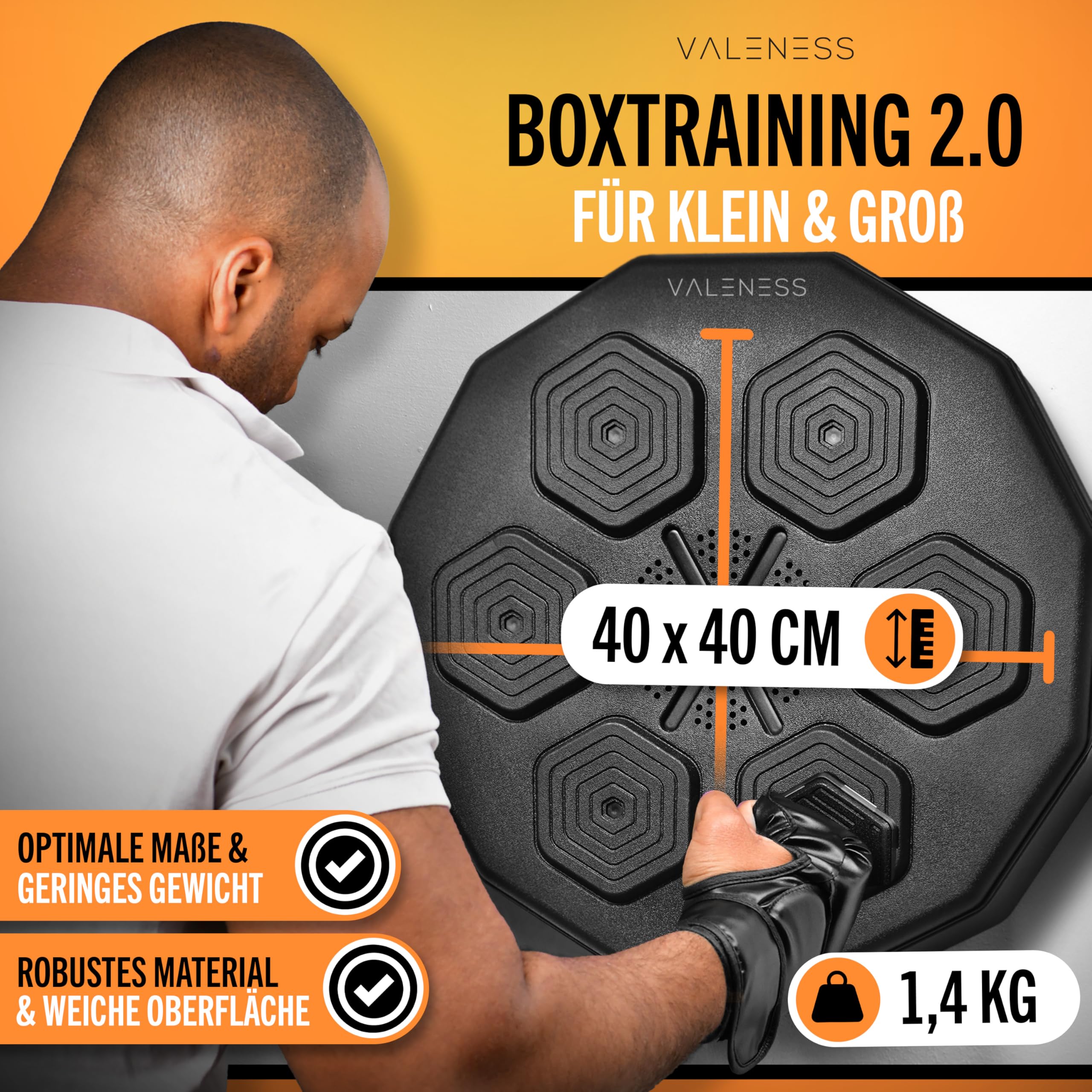 VALENESS® Musik Box Maschine – Smarte Boxing Machine mit Musik & LED – Boxmaschine mit Bluetooth, Zählfunktion & Boxhandschuhen – Wandgerät für Erwachsene & Kinder – Musik Power Boxing