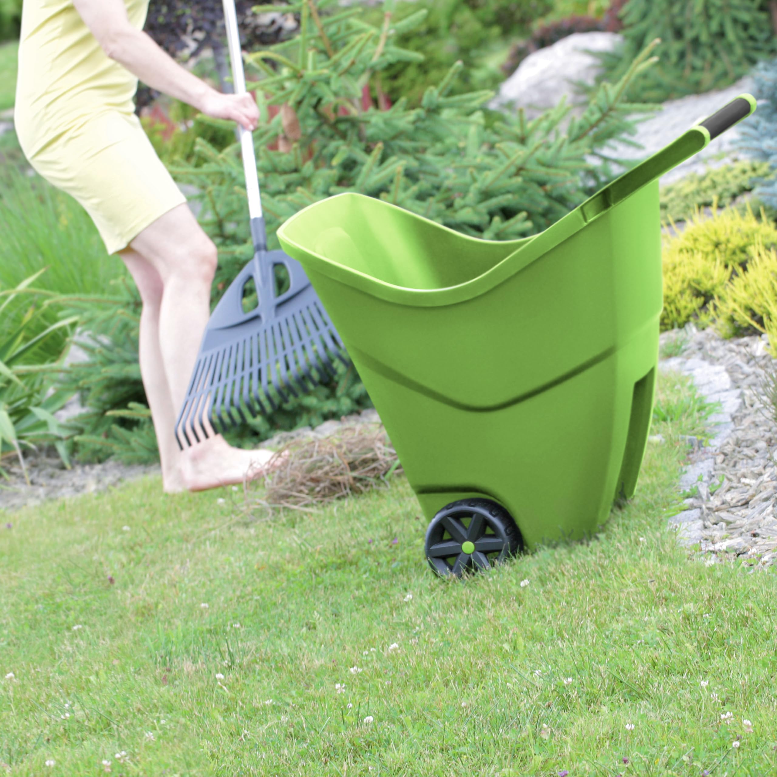 Brouette de jardin Load&Go | Capacité 85 litres | 57 x 60 x 71,5 cm | en plastique | vert | deux roues renforcées en caoutchouc | pour le transport des matériaux et des travaux d'entretien | Structure