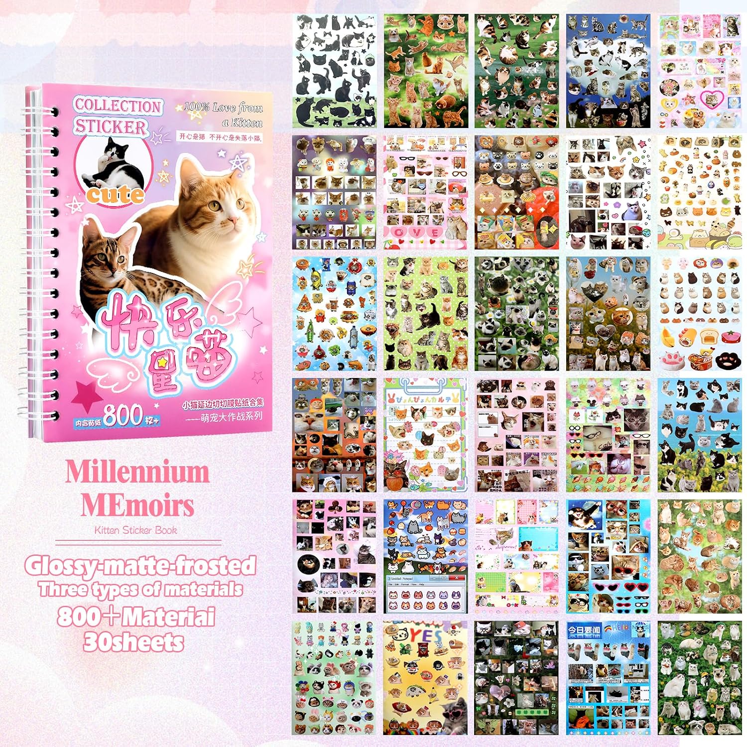 800 Pcs Cat Sticker Book Cute Stickers with Cat Meme Stickers 30 Sheets for Scrapbook Journal Planner Sticker Handbook Decoration Kawaii Album with Premium Art Paper and Cute Design (Cats)