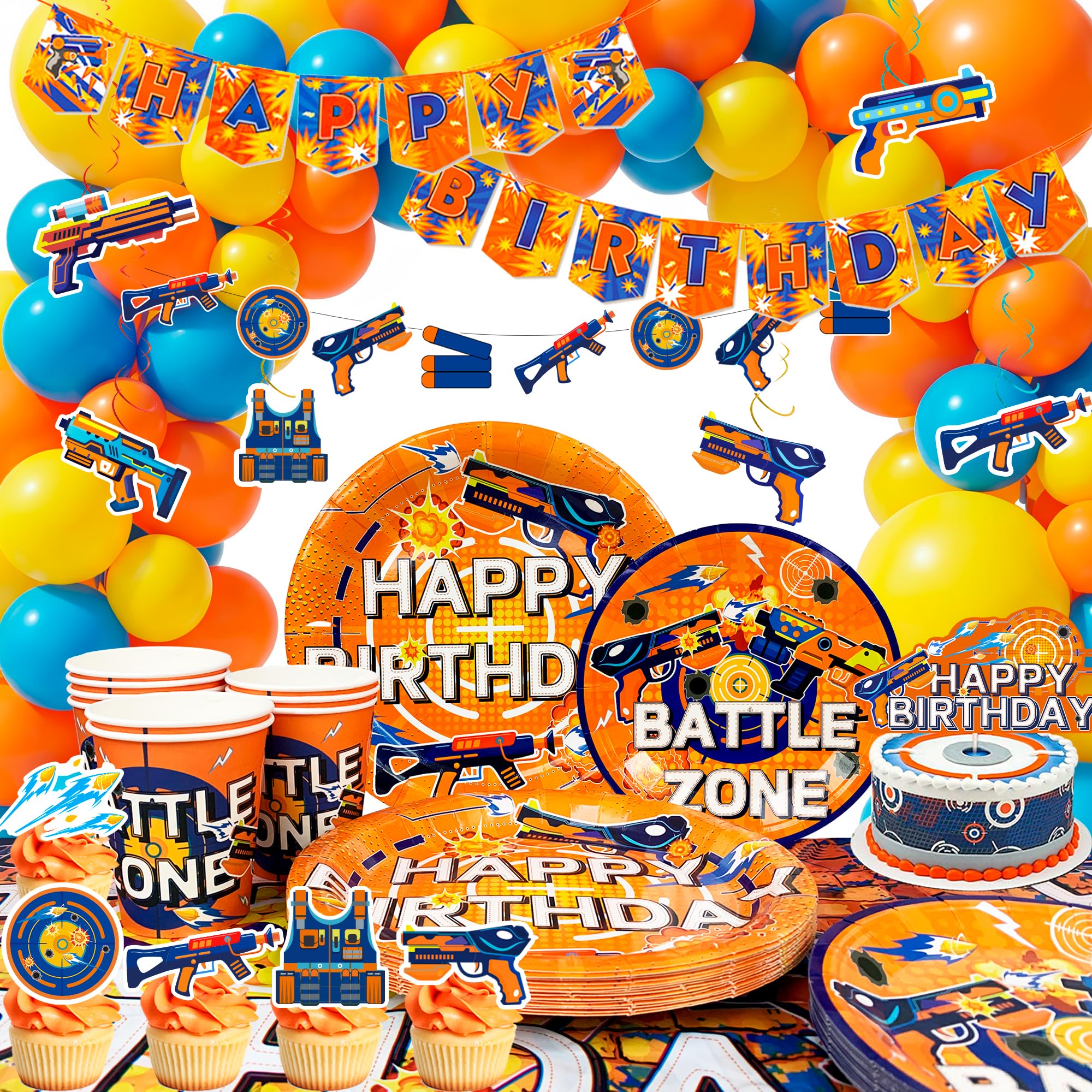 Dart War Party Decorations-184pcs Dart War Theme Party Decorations&Tableware Set- Dart War Happy Birthday Banner Plates Cups Tablecloth Cake Decoration Balloons ect Dart Party Supplies