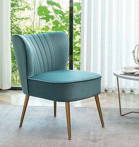 Miniatura 2 de Silla moderna de terciopelo para sala de estar, dormitorio o entrada, diseño elegante y cómodo sin brazos con patas de metal, color verde azulado