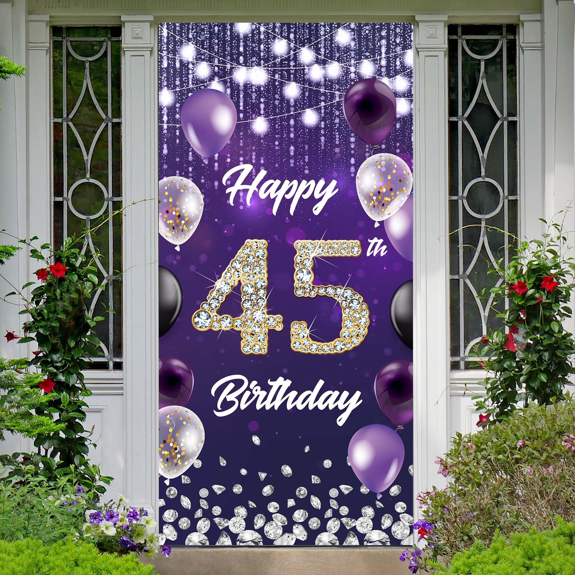 Happy 45th Birthday Backdrop Banner Purple Theme Background with Shiny Diamond Noble Elegant Birthday Party Photo Photography Prop Booth Door