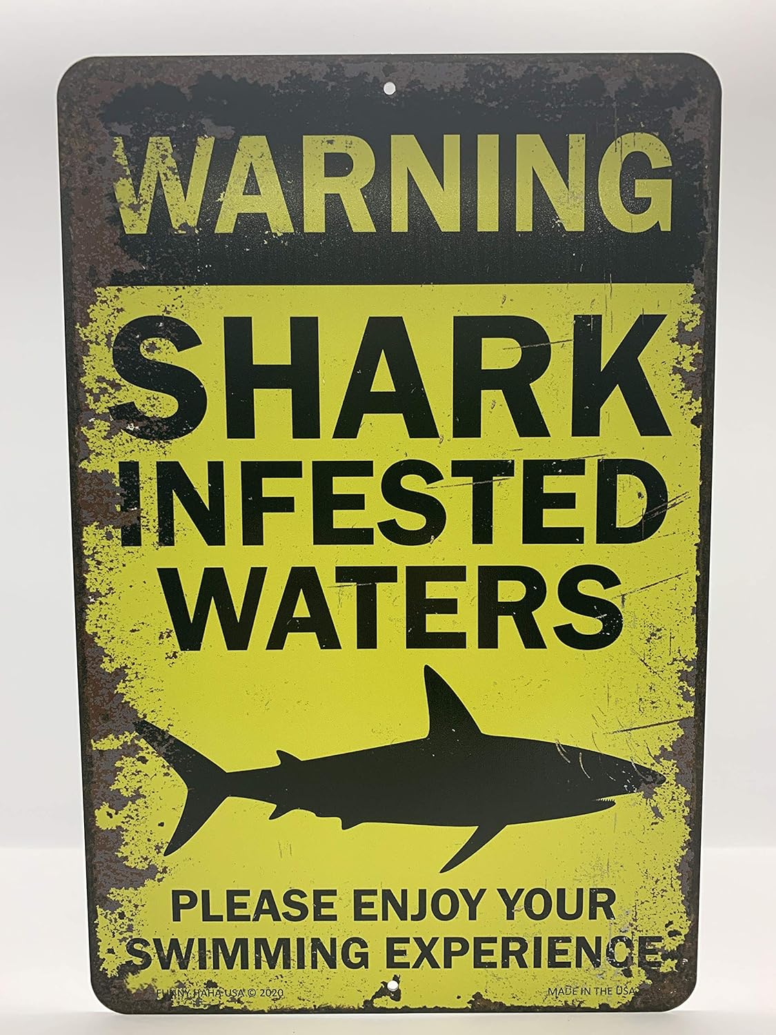Shark Sign - Shark Infested Water Metal 7.75 x 11.75 Funny Sign