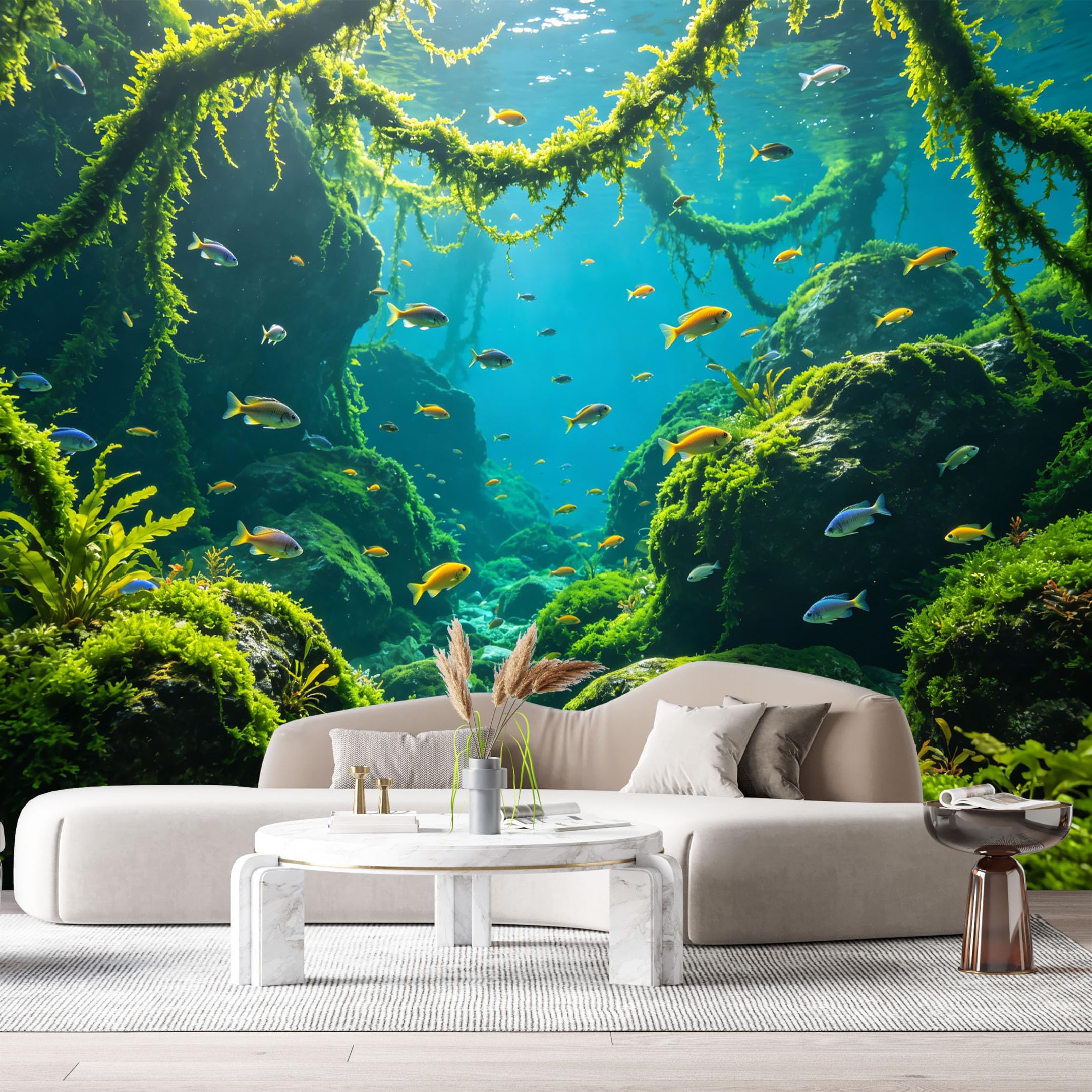 Custom Size Wall Murals Underwater Marine Tropical Fish Mossy Rocks Scenic View SelfAdhesiveWall Fabric Removable Wallpaper Wall Decor for Living Room Bedroom Bathroom