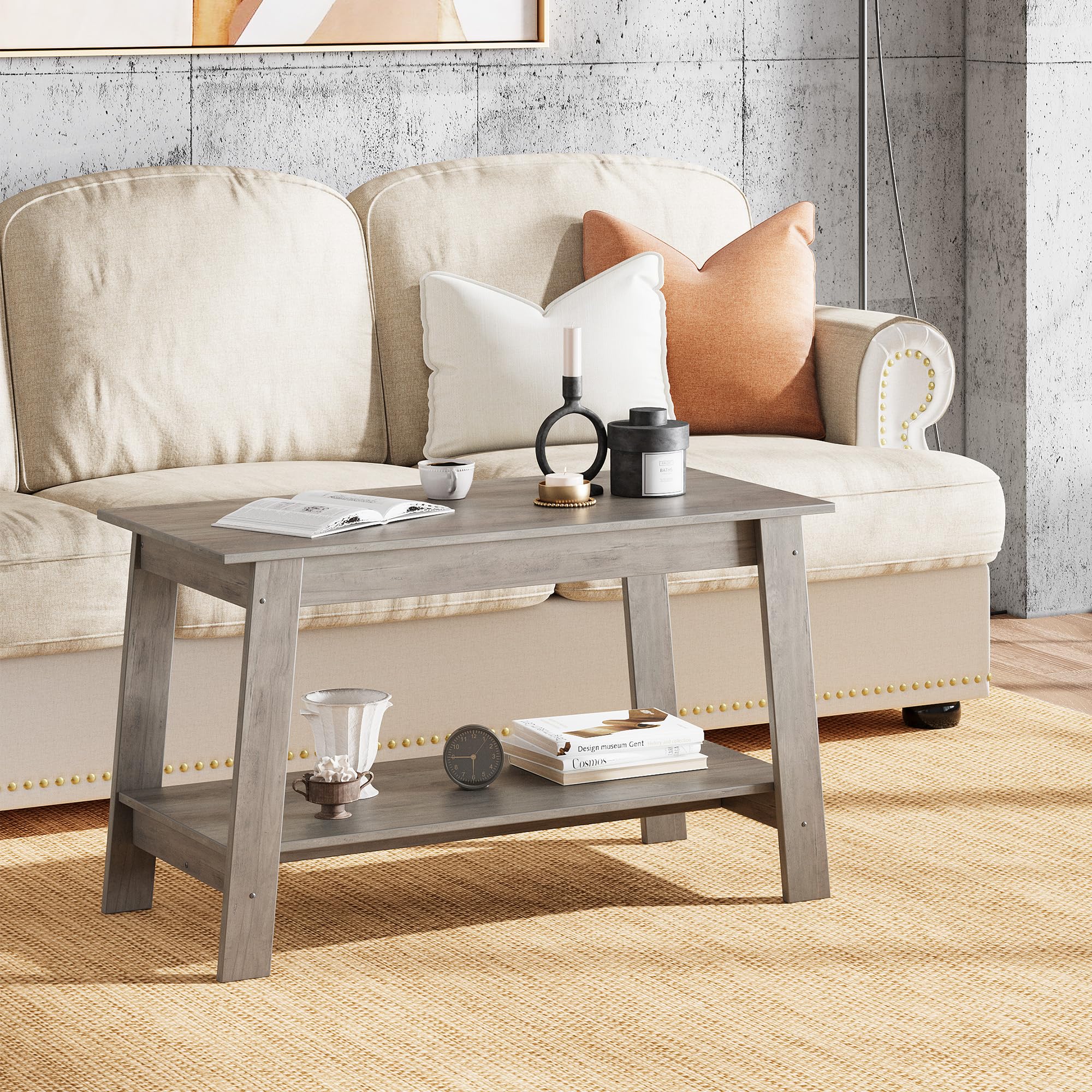 GarveeHome Mesa de Centro con Estante Abierto, Mesa de Centro Madera de 2 Niveles Estilo Farmhouse, Mesita de Salón Rectangular y Mesita de Sofá Compacta (80 x 39 x 48 cm), Gris