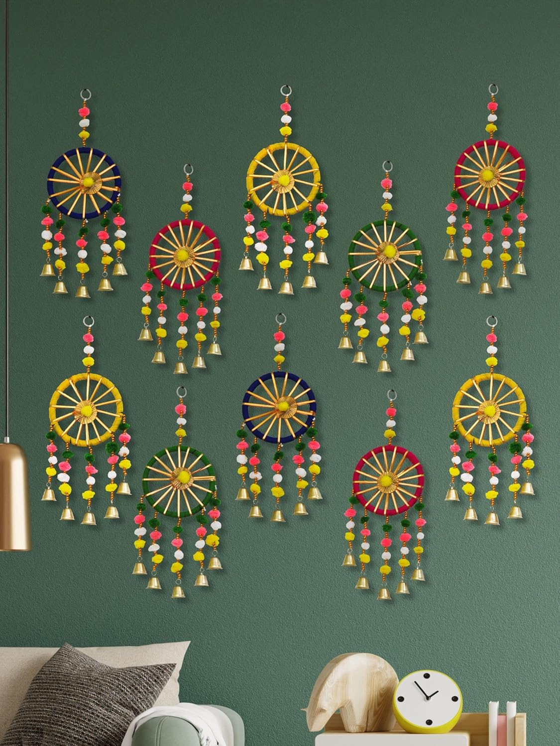 USP-Tradex Woolen Colorful Pom Pom Bell Wall and Door Decor Hangings – (Pack of 10)