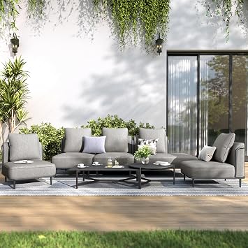 SUNSHINE VALLEY Metal Patio Furniture Set,Modular Outdoor Furniture,4 Single Sofa,1 Oversized Sofa,Coffee Table Set and 7.1" Extra Thick Cushion,Low-Profile Patio Conversation Set,Grey