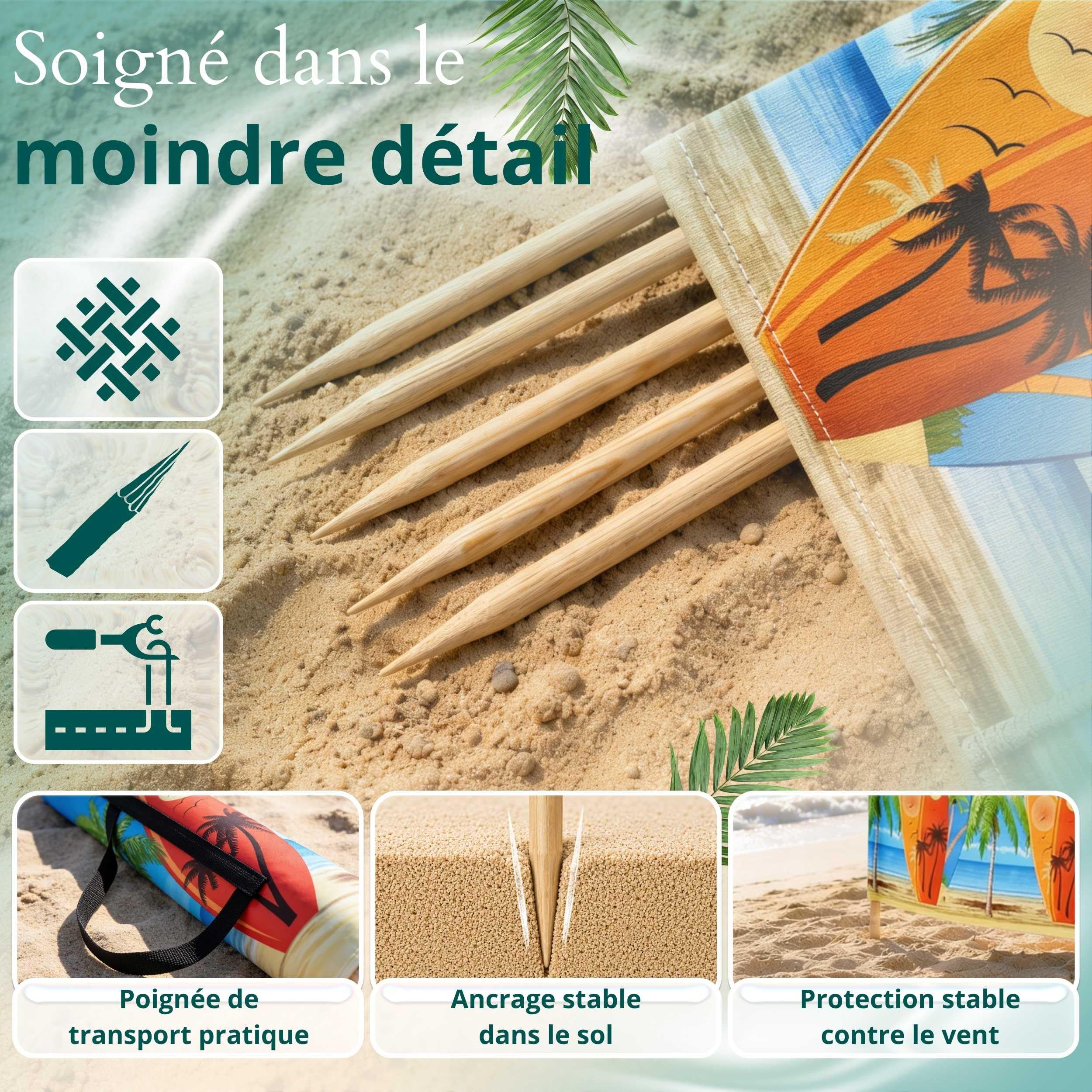 Paravent Plage Microfibres | Brise-Vent 80cm | Planche de Surf 6m | Résistant aux intempéries | Avec cordes | Fait main