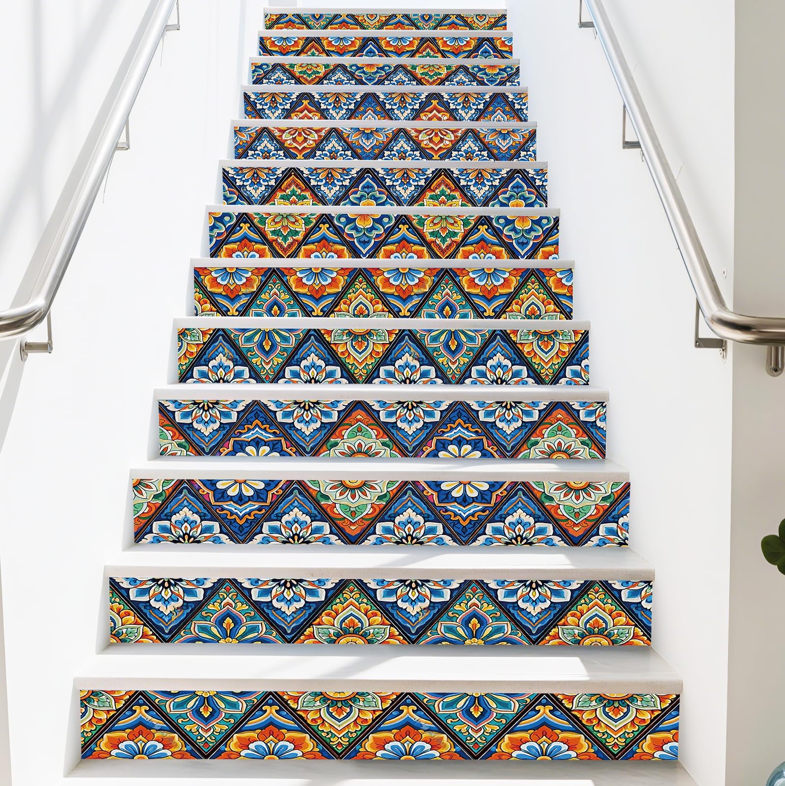 PLIGREAT 15 Sheets Stair Riser Decals, Vintage Diamond Peel and Stick Staircase Stickers Self-Adhesive Art Staircase Murals for Steps DIY Home Hotel Stair Makeover Decor, 7.1"x39"/18x100cm