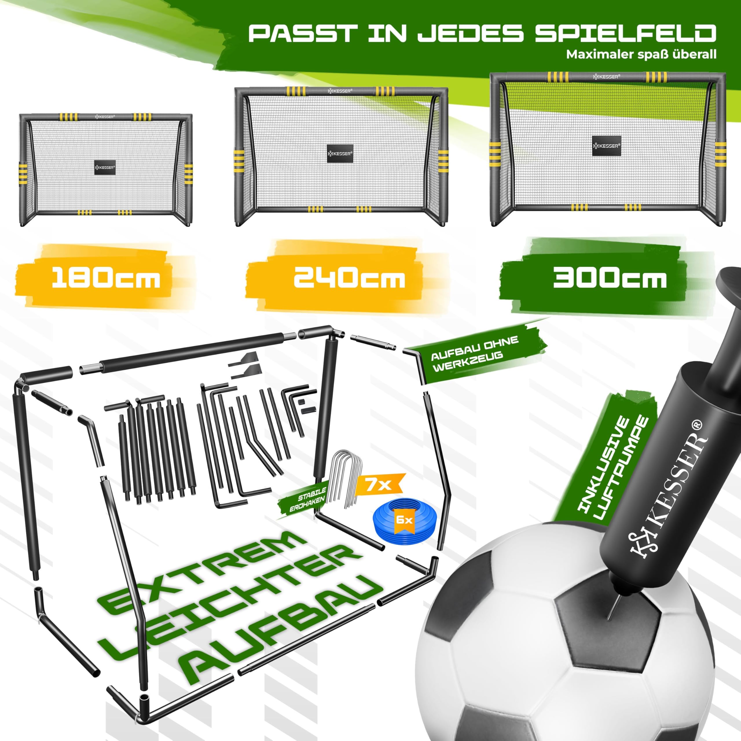 KESSER® Porta da calcio – Porta da calcio di alta qualità 300 cm, allenamento tiro allenamento rete resistente ai raggi UV, telaio in acciaio con imbottitura, picchetti per terra, pompa ad aria, coni