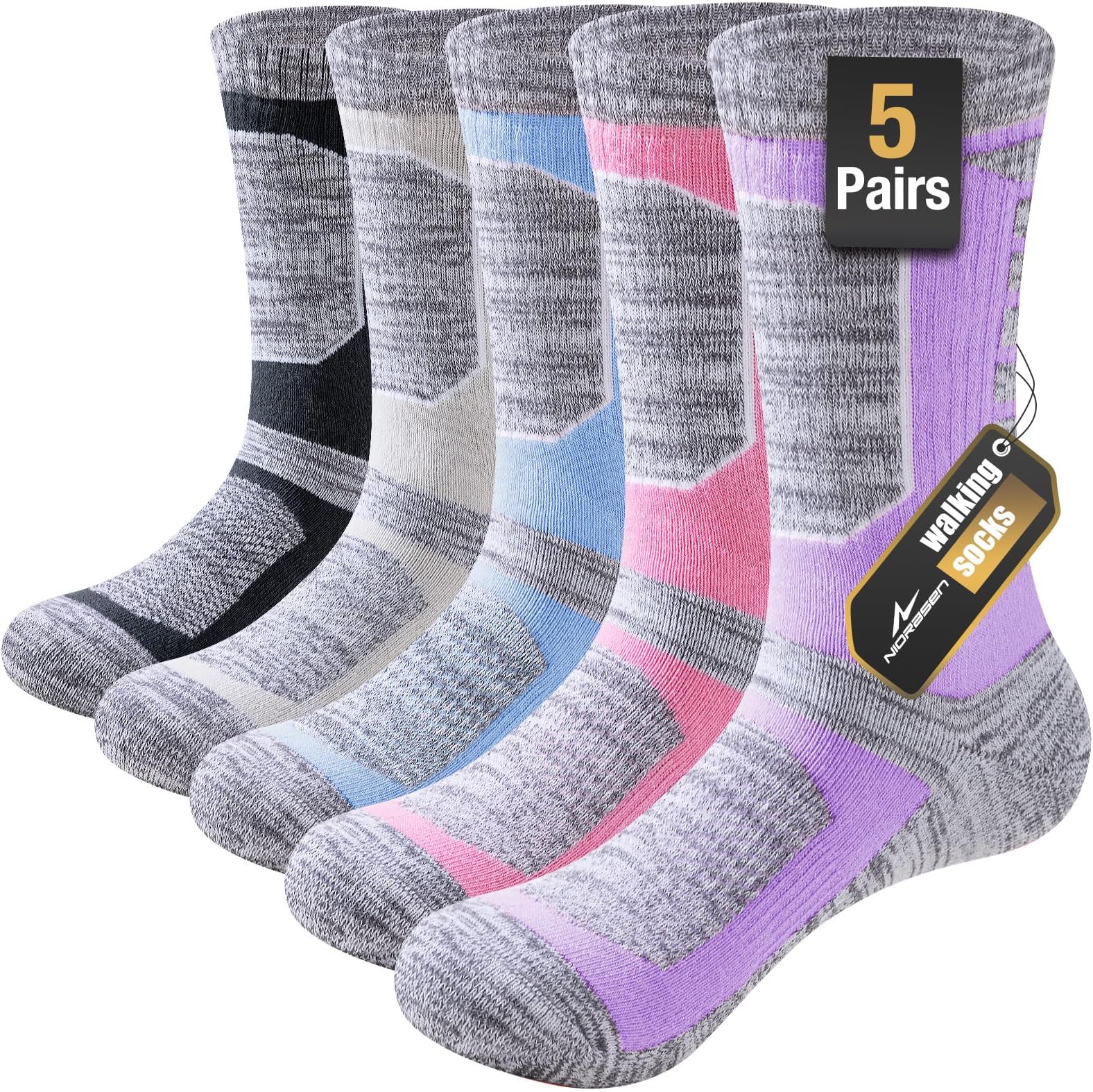 Walking Hiking Socks Womens 5 Pairs, Cushioned Breathable Cotton Boot Socks, Anti Blister Ladies Crew Athletic Sports Sock for Running Gym Climbing