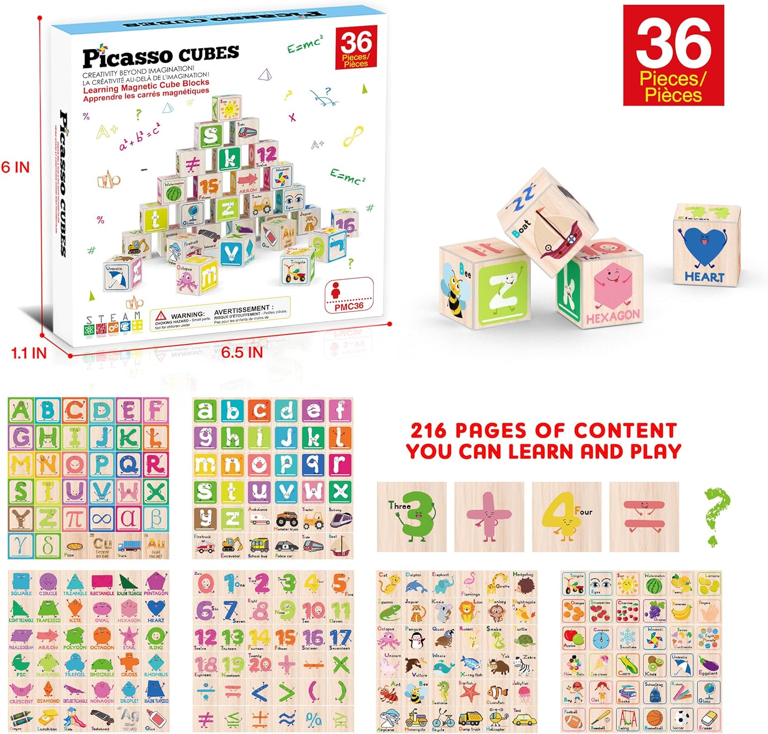 Magnetic Cubes Magnet Building Block Sensory Activity Center 1" Puzzle Cube 216 Pattern Early Education Toy Letter Alphabet Number Shape STEAM Learning Blocks Boy Girl Toddlers 3+ Montessori