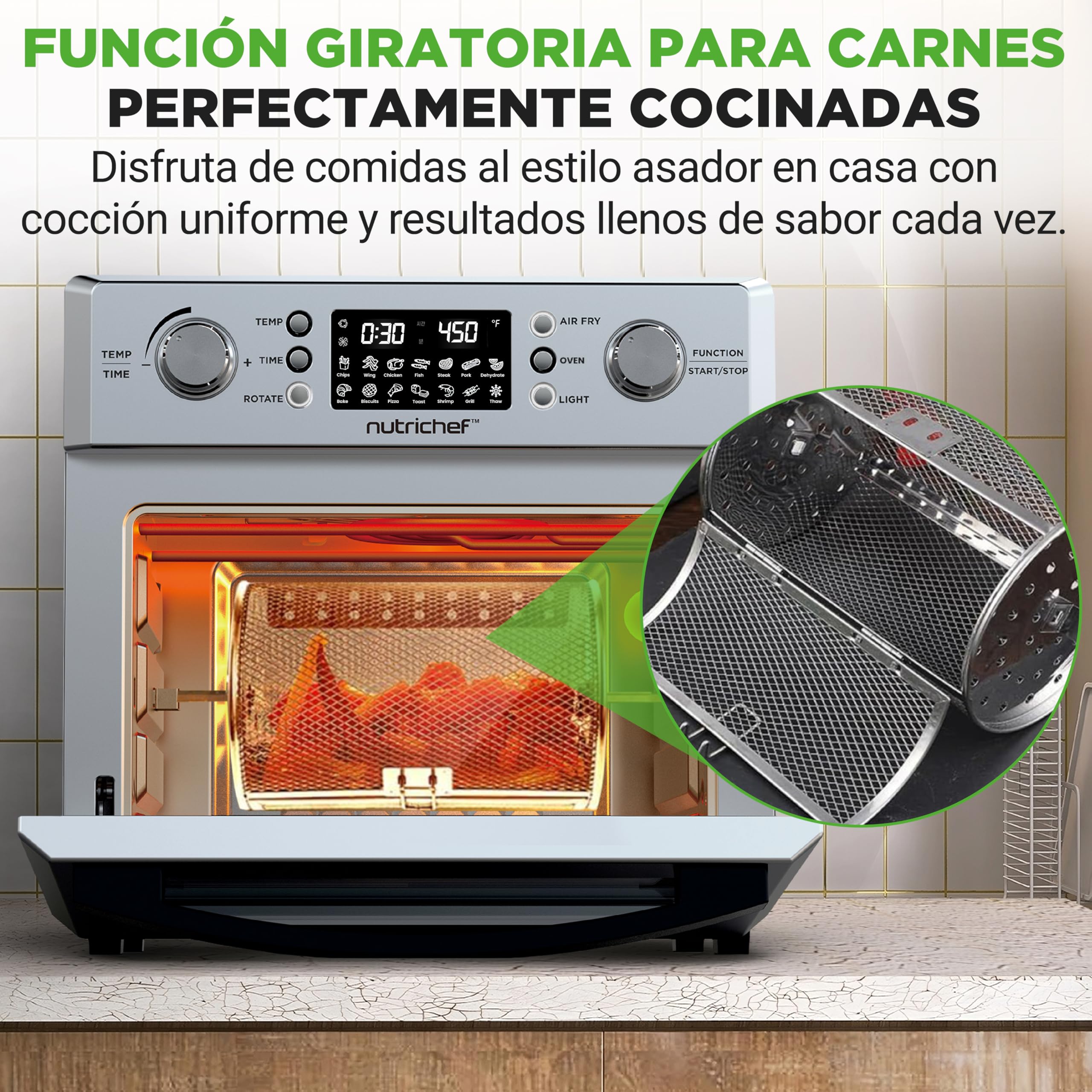 Nutrichef freidora aire, Air fryer, 26L, Horno, Electrico, 10 funciones automaticas, Incluye Bandeja recolectora, canasta para freír y rejilla para hornear