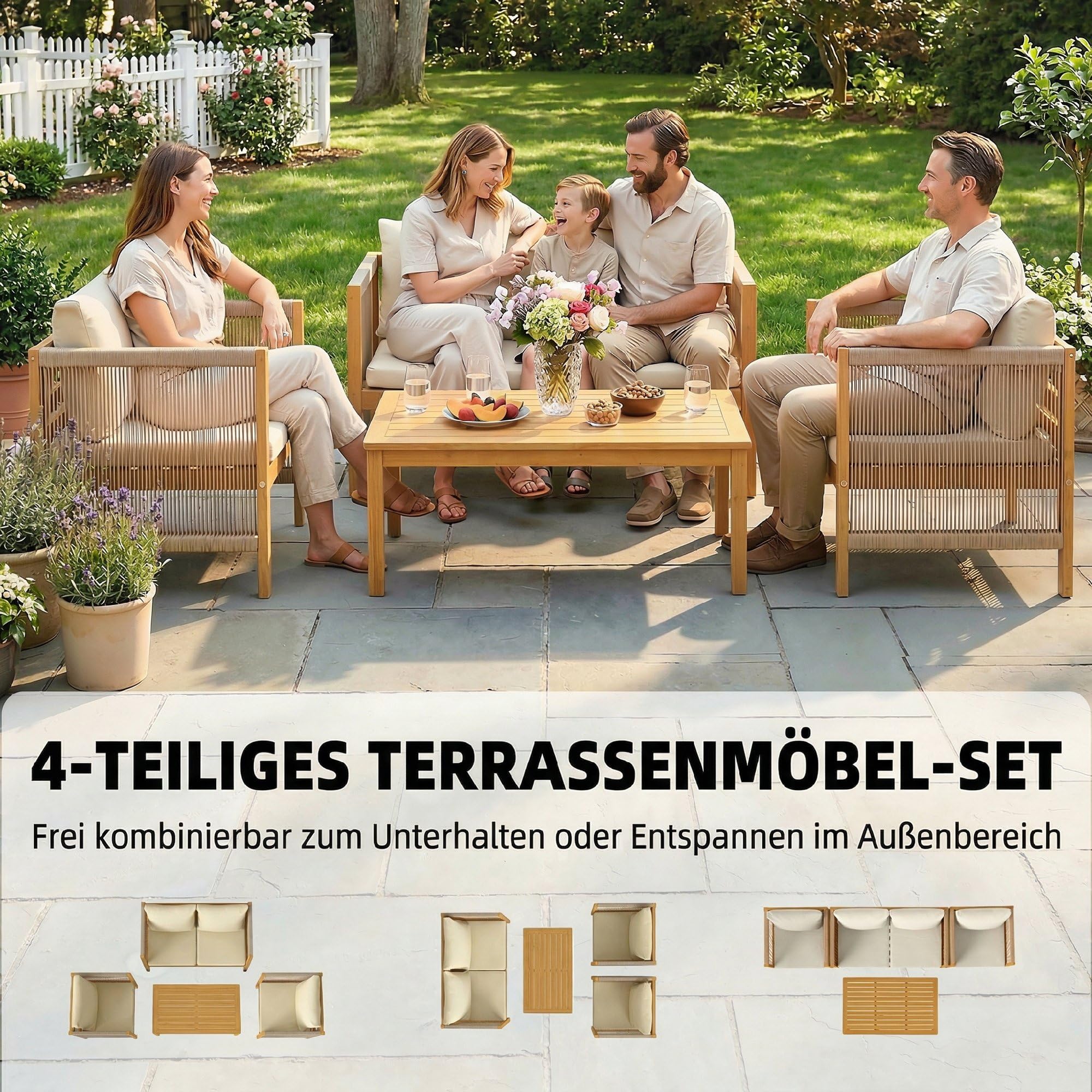 Outsunny Gartenmöbel Set Akazienholz für 4 Personen mit 2er Sofa Beige | Sitzgruppe, Gartenlounge, 2 Sessel, Tisch, Seilflecht, Lamellendesign, Waschbare Kissen, Outdoor Balkonmöbel, für Garten