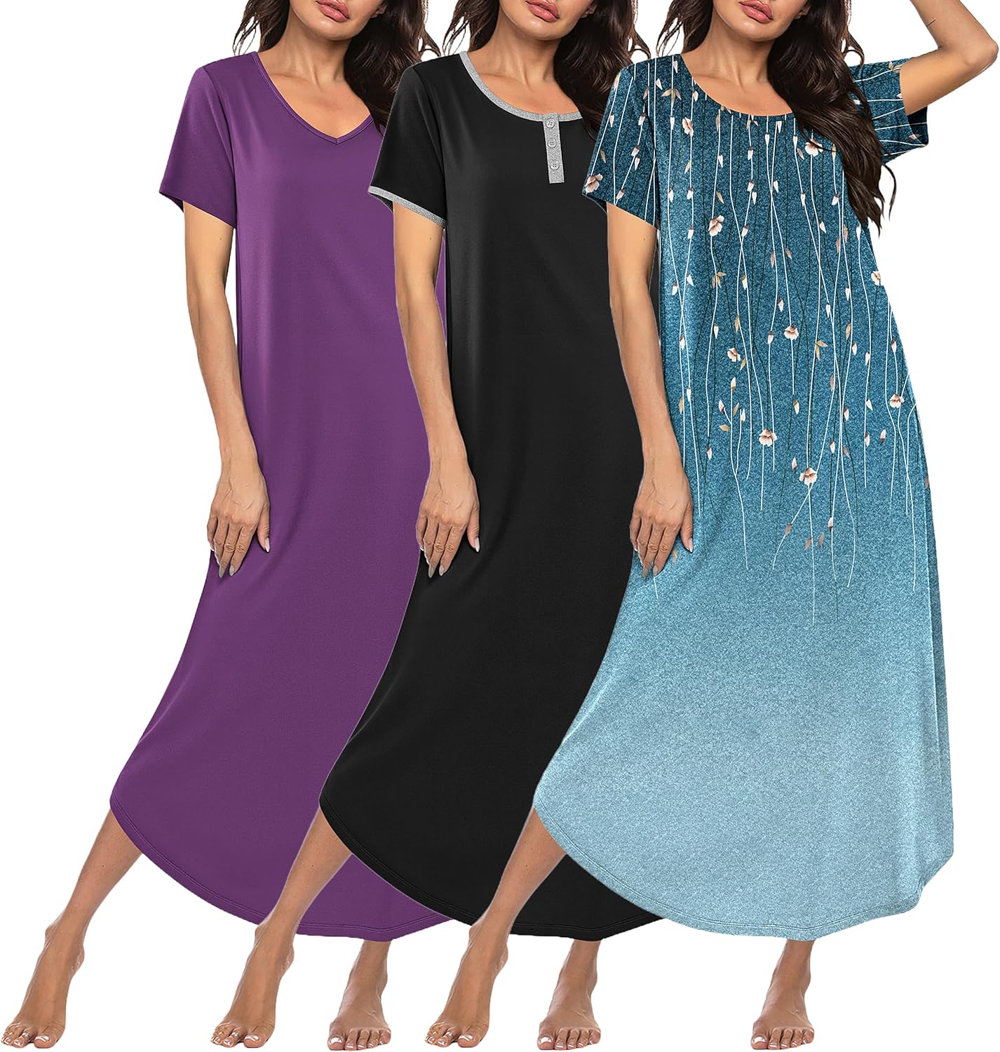 Ekouaer 3 Pack Long Nightgowns for Women Plus Size Moo Moos Short Sleeve House Dress Button Night Gown Soft Sleepwear S-5XL