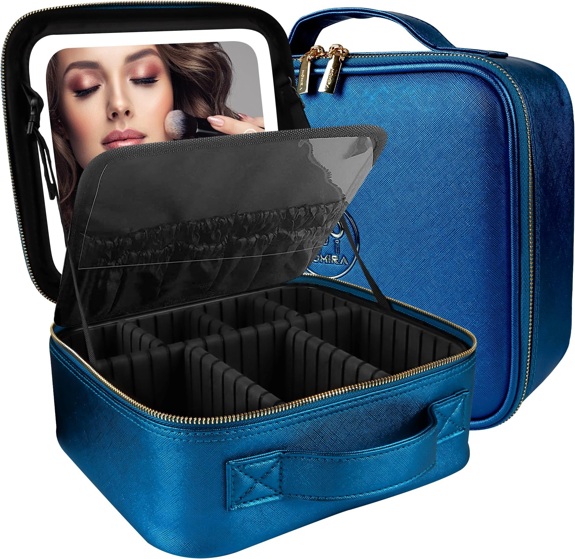 MOMIRA Travel Makeup Bag Cosmetic Bag Makeup Organizer Bag with Lighted Mirror, Adjustable Brightness in 3 Color Scenarios, Waterproof Makeup Train Case, Gift for Women - Phantom Blue