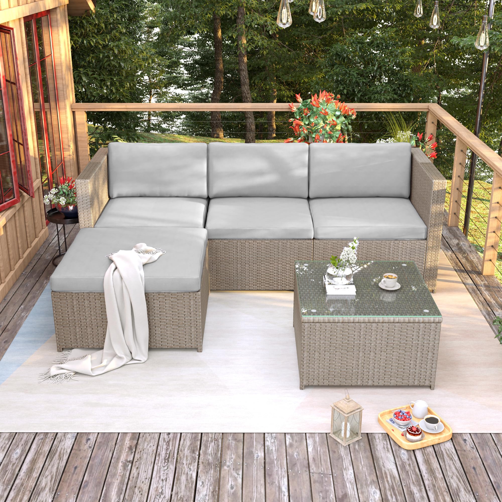 Ensembles de mobilier de terrasse, Salon de jardin en polyrotin, canapé d'angle modulable résistant aux intempéries, Ensemble de sièges en rotin tressé avec coussins et table basse pour cour (Kaki)