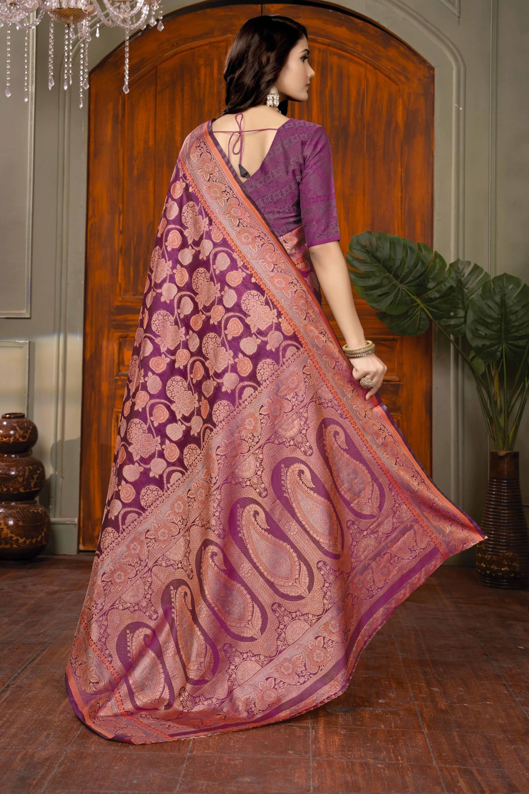 Sugathari Women's Wine Kanjivaram Banarasi Silk Saree For Patola Festival Wedding Silk With Rich Pallu Design Sarees For Women With Blouse Piece (Rajana Wine)