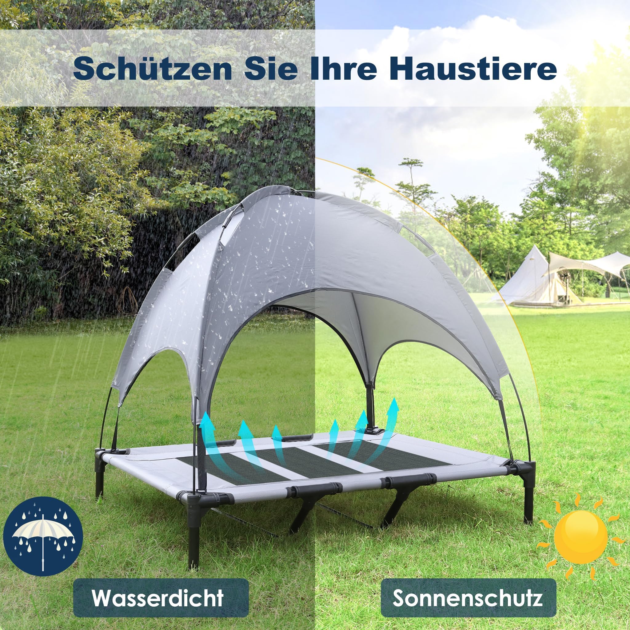 UISEBER Hundebett Erhöhtes Haustierbett 122 x 92 x 102 cm Hundeliege Outdoor mit Überdach für große Hunde bis 60 kg Wasserdicht Hundebetten für Innen und Außen Grau +Schwarz【XL】