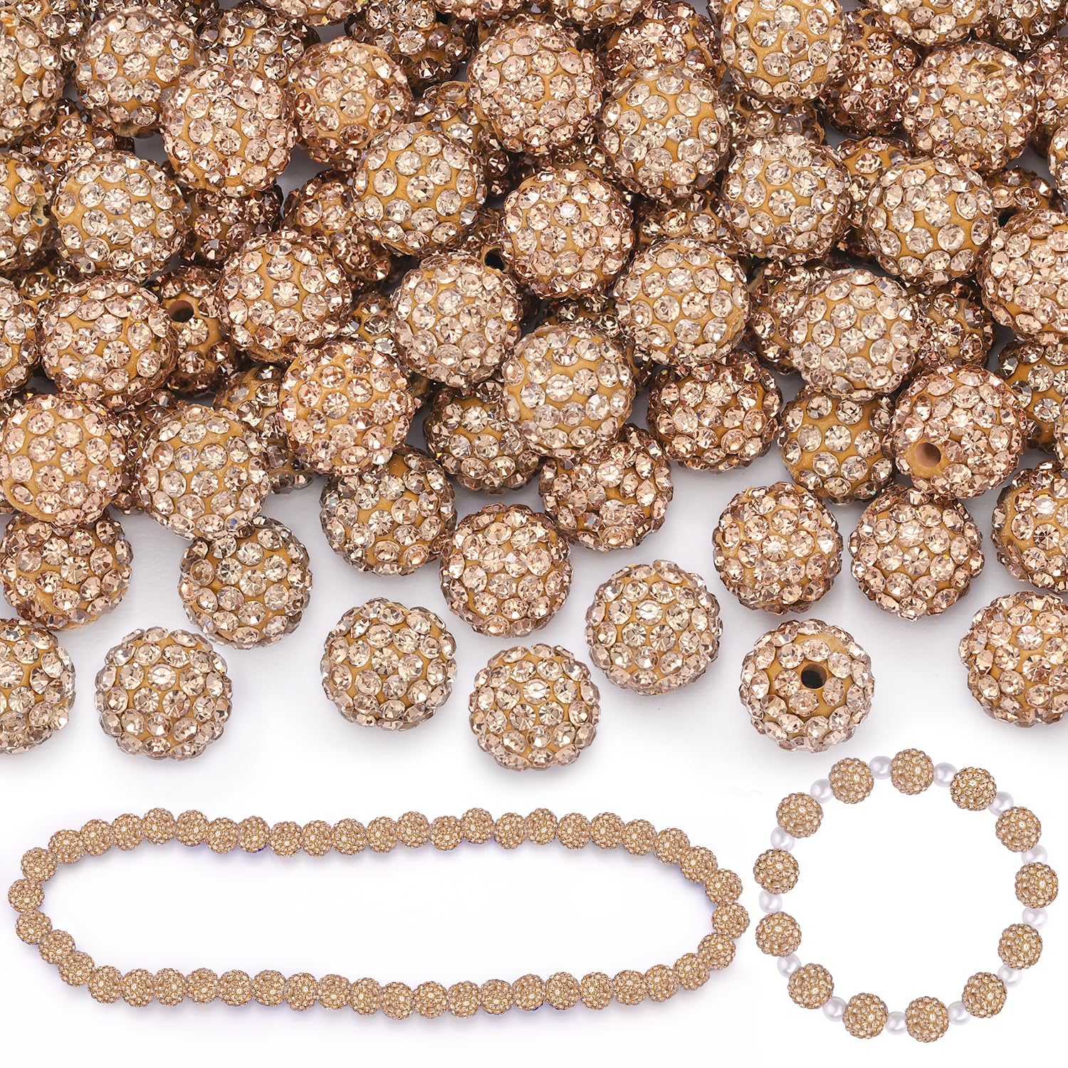 200pcs 10mm light brown rhinestone beads for jewelry making sparkle round disco balls bulk shinny crystal clay beads for christmas bracelet baseball necklace earring crafting and diy crafts