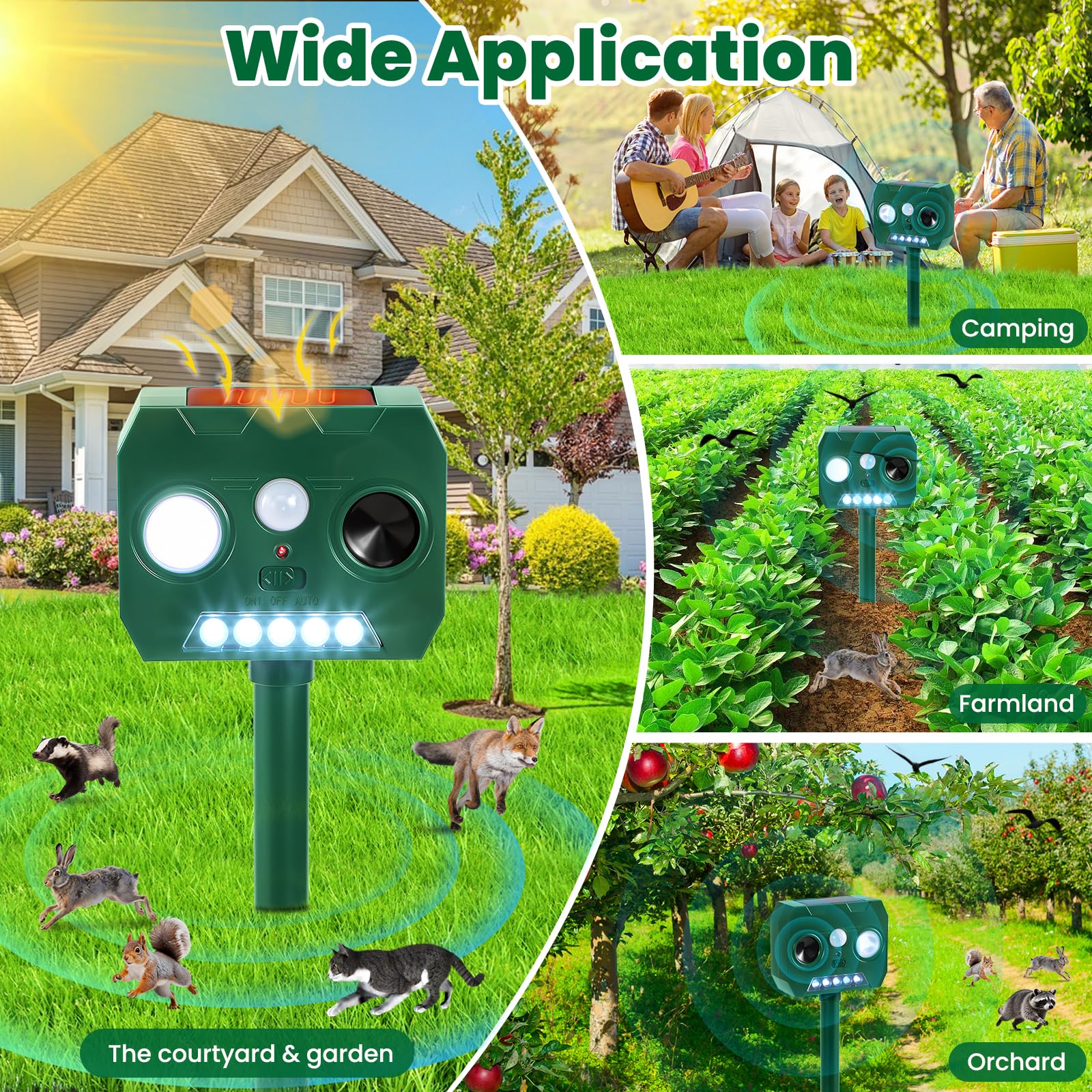Solar Ultraschall Tiervertreiber Outdoor, 4 Pack Katze Eichhörnchen Waschbär Vogel Hund Hirsch Abwehrgeräte mit PIR Bewegungsmelder & LED Blitz, Wasserdicht Tierschreck für Garten Hof Farm