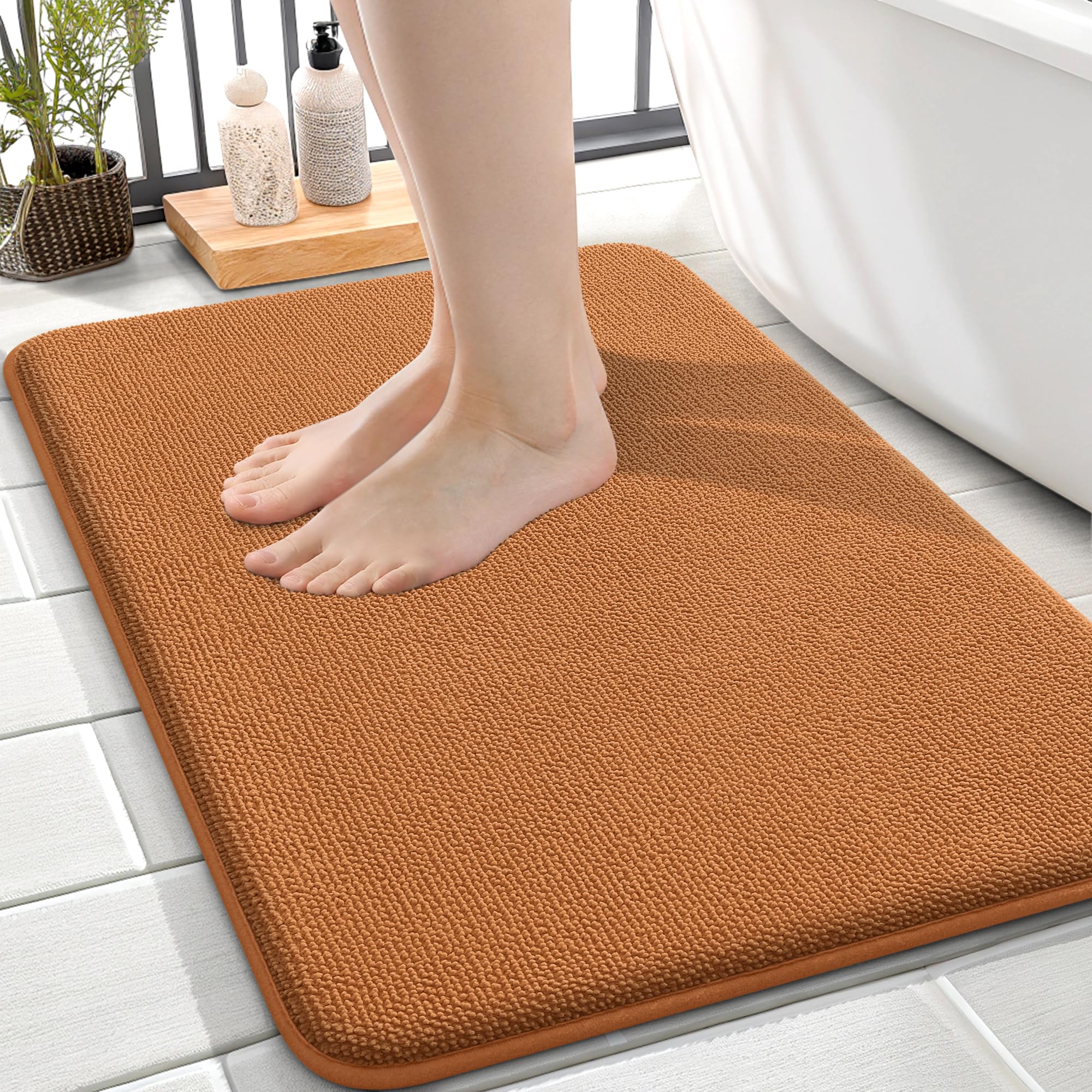 OLANLY Thick Memory Foam Small Bathroom Rug 24x16, Absorbent Bath Mat, Clay