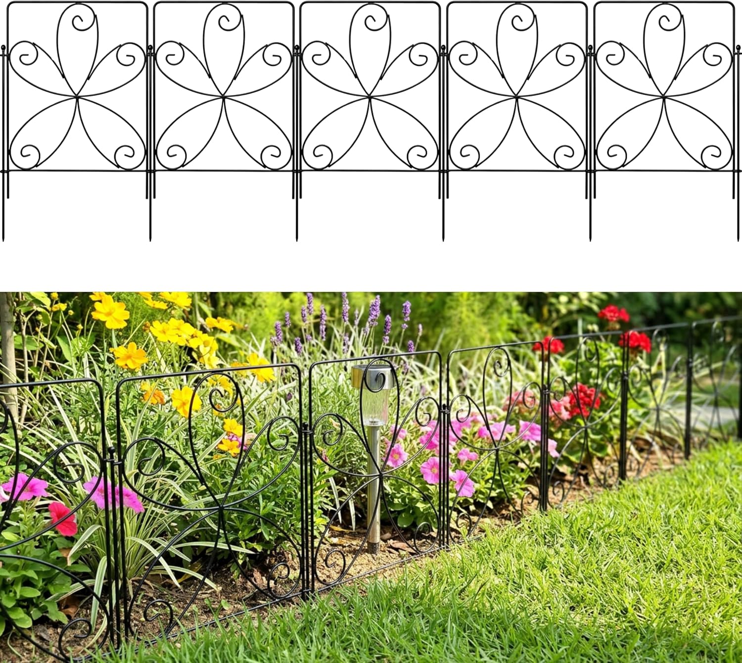 ShopLaLa Garden Fencing (20 Panels) 12.5in(L) x 16.5in(H) Animal Barrier for Dog, Rustproof Black Metal Wire Fence, Decorative Floral Flower Bed Edging Landscape Border Yard Patio Outdoor Decor Fence