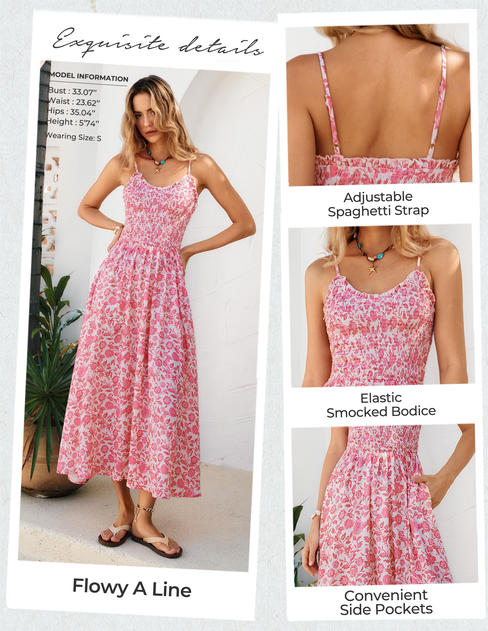 Kate Kasin Vestido de verano para mujer, maxi floral, espagueti, bohemio, cuello en V, vestido informal elegante para la playa