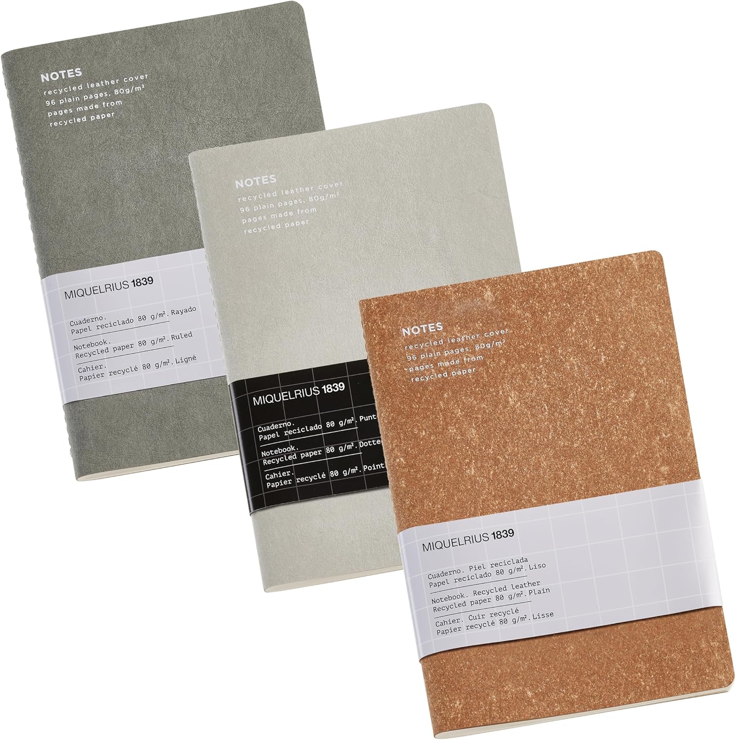 Miquelrius - Flexible notebook A5 (140 x 200 mm), Dotted interior lined, 48 white sheets of 80 g/m², Recycled leather cover, Grey colour
