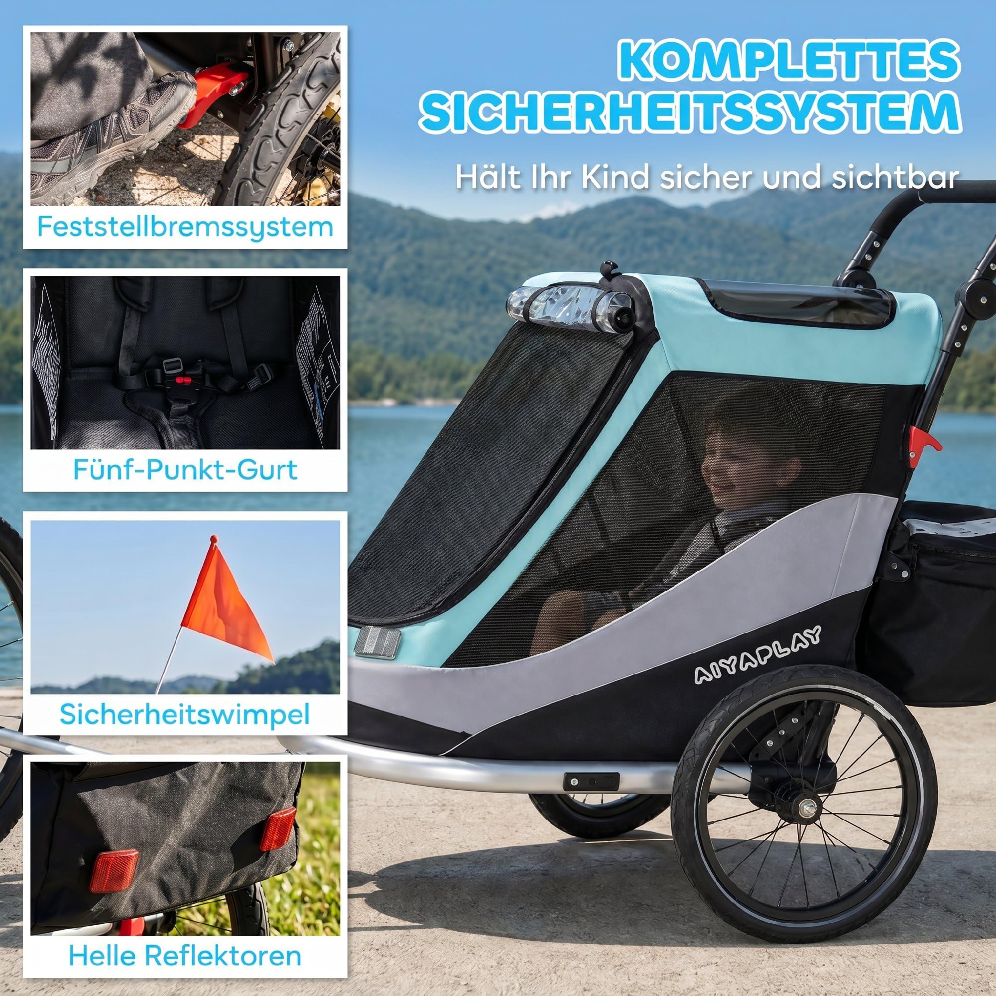 AIYAPLAY Rimorchio per bicicletta e passeggino pieghevole 2 in 1, con cintura a 5 punti, catarifrangenti, pneumatici da 16 pollici, freno, vano portaoggetti, per bambini a partire dai 12 mesi, massimo