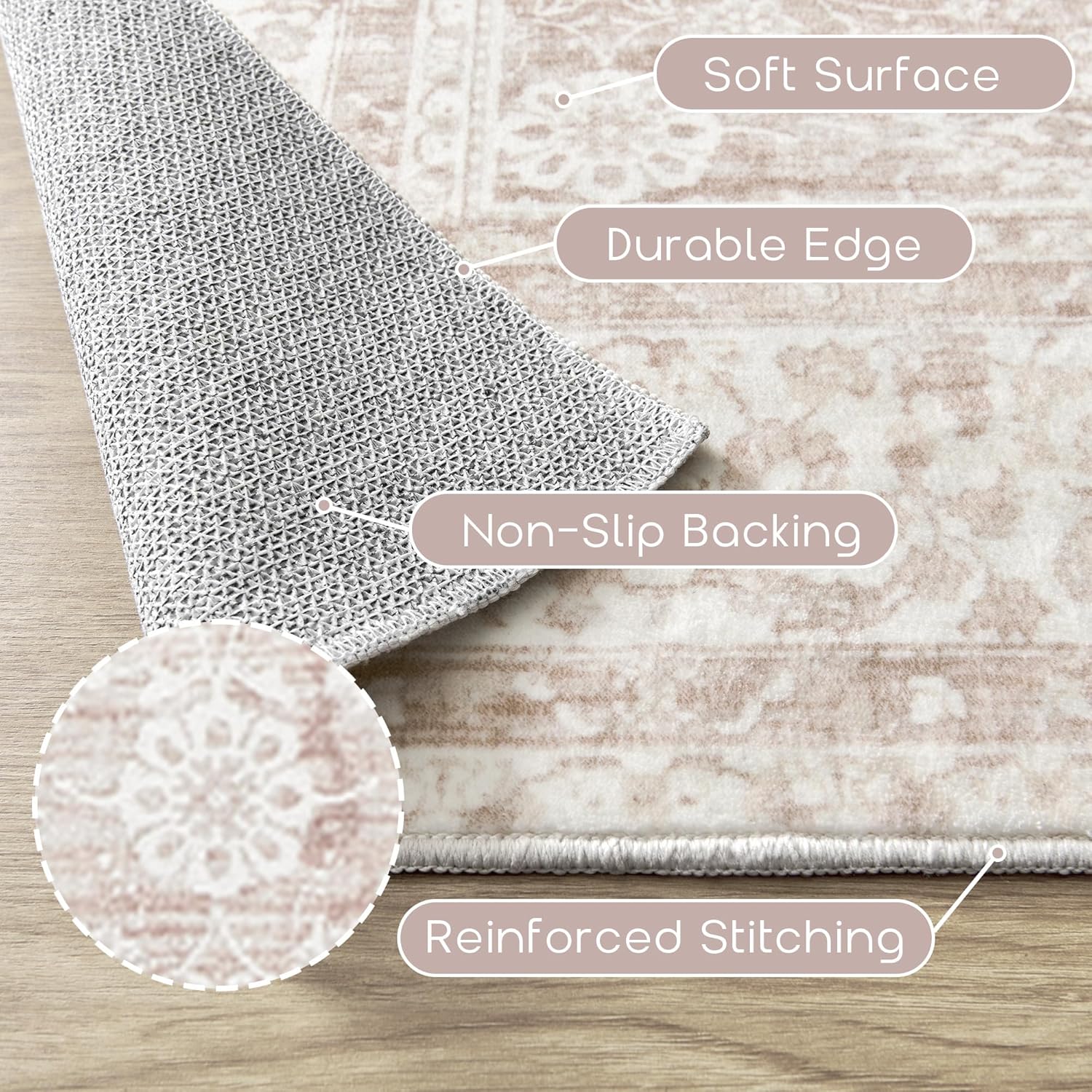 Pink Nursery Rug for Baby Girl 5 x 7 Neutral Blush Pink Boho Cute Floral Foldable Machine Washable Low Pile Soft Surface Carpet Area Rugs for Living Room Bedroom Dorm Kids Playroom,5x7 - Image 3