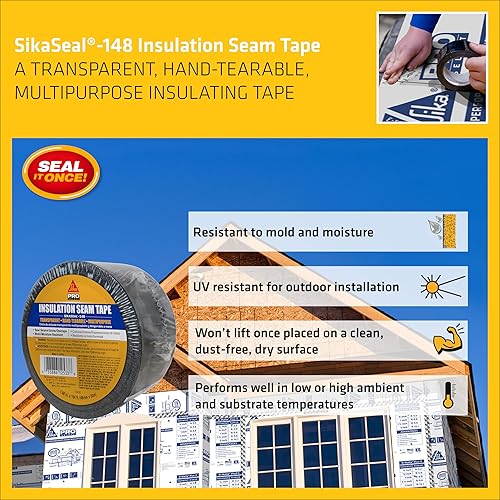 Miniatura 3 de SIKA SikaSeal-148 - Cinta aislante para costura, transparente, multiusos, adhesivo acrílico que se puede rasgar a mano, para uso en interiores y