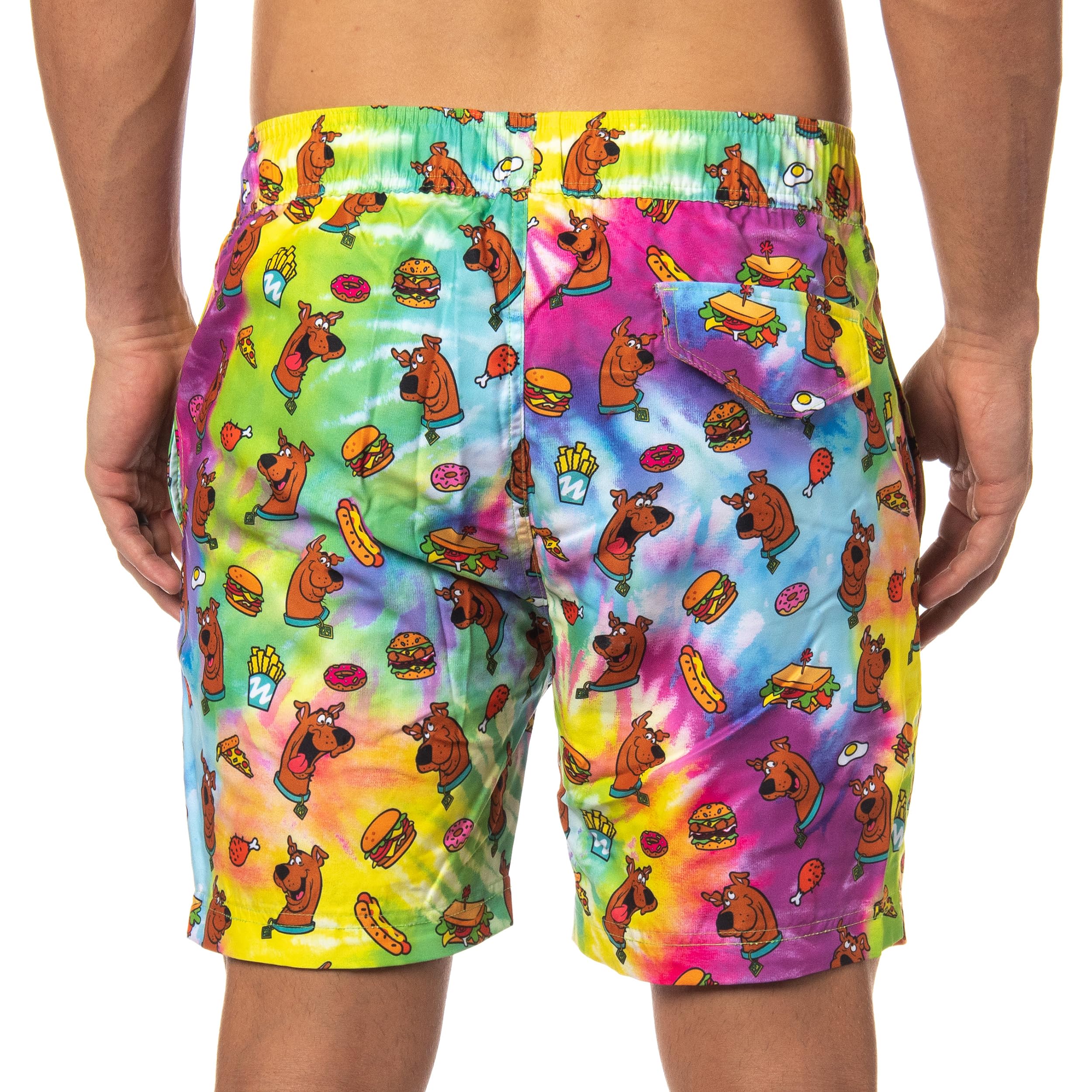 Scooby-Doo Men's Allover Scooby with Snacks Tie-Dyed Design Swim Trunks, Small Multicolored